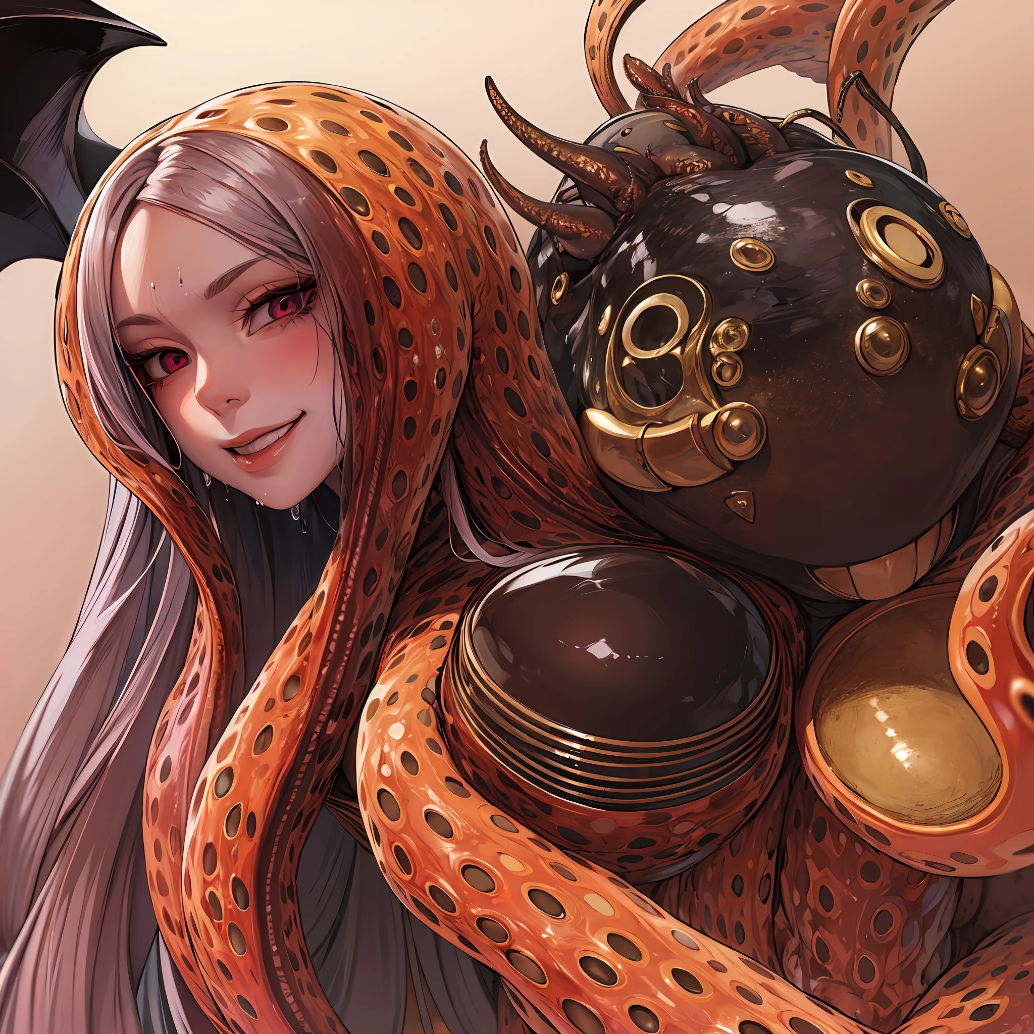 Woman wearing hot water dripping tentacles、Guyver Style、evil smile、Entangled tentacles、Scarabeleploid、Cel Shade Adult Animation、Metroid Suit、The long-haired、a large amount of mucus、Den of Monsters