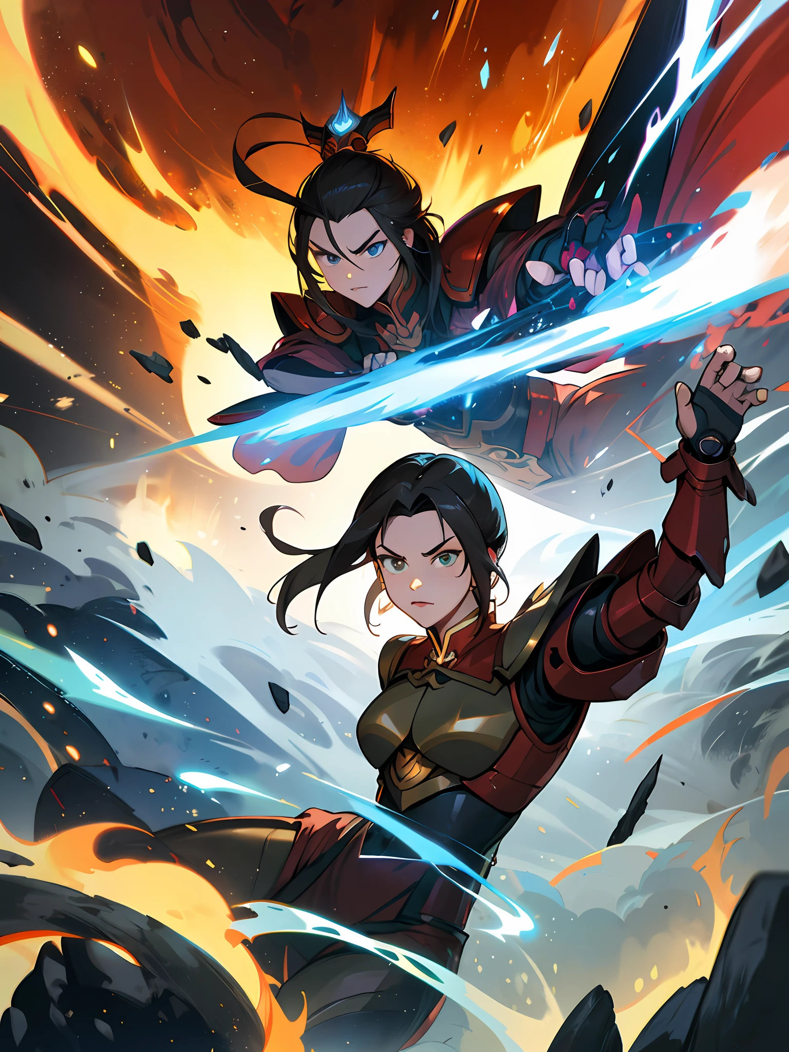 best quality,(1******, sozinho, adult female, Mature female), Azula, cabelos brancos, olhos dourados,
red cyber armor, Action Pose, fogo azul, fundo floresta do fogo, (edgMechagirl capacete), serious face, franzir, movimento, dynamic pose, artes marciais,