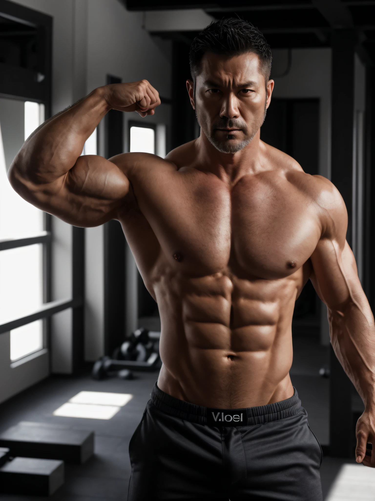 (Shirtless:1.3), extremely handsome, (well-defined build:1.2),(40 years old:0.9), (muscular body:1.2),which are full of confidence, studio shoot, (Natural lighting:1.2), (angry:1.1),japanese male,Bearded,fully body photo