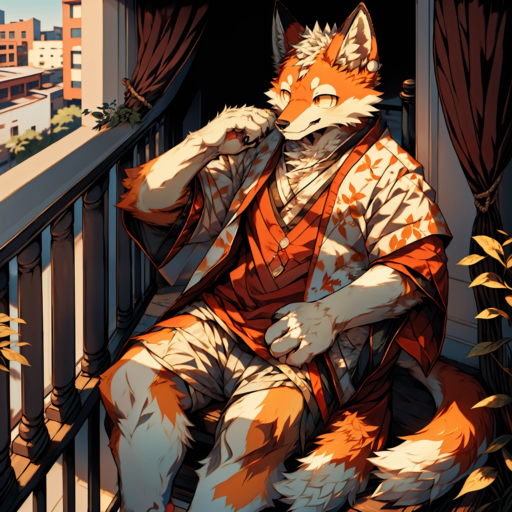 tmasterpiece，Raised sexy，The best quality，ultra - detailed，+hairy pubic，Anthropomorphic fox male，Fox in black，There are a little red details on the ears and paws，Scales and orange-white fur，Handsome，molasses，Tired，perspired，komono，Balcony setting。