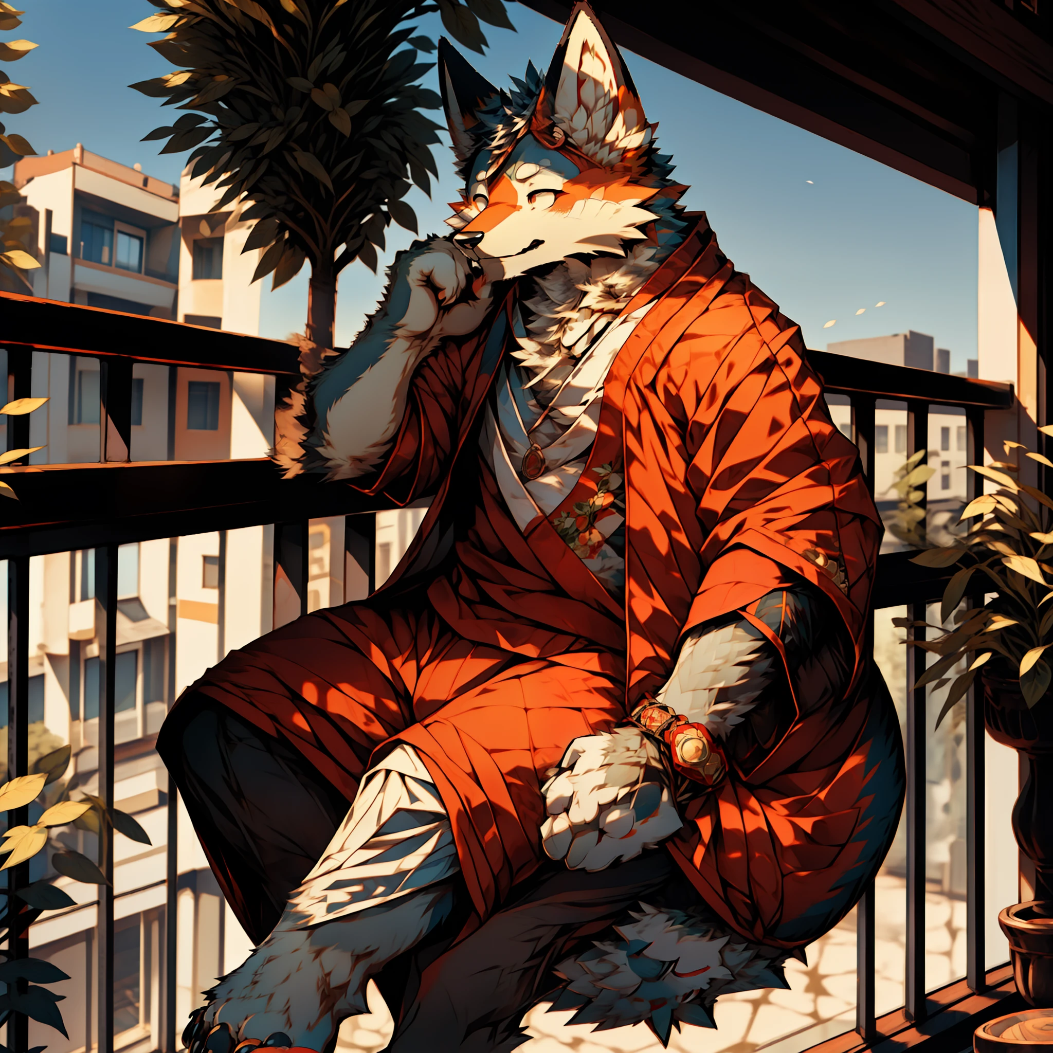 tmasterpiece,Raised sexy,The best quality,ultra - detailed,+hairy pubic,Anthropomorphic fox male,Fox in black,There are a little red details on the ears and paws,Scales and orange-white fur,Handsome,molasses,Tired,perspired,komono,Balcony setting。