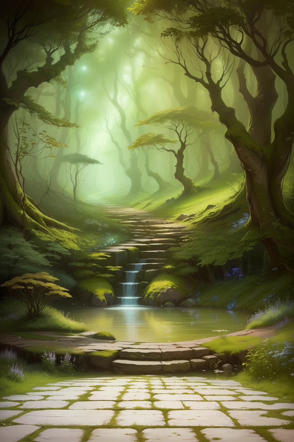 Painting of a path in the forest leading to a pond, magical forest backround, Old Elf Tree, Peaceful Elven Forest, enchanted magical fantasy forest, Enchanted Enchanted Forest, Beautiful ancient forest, fantasy forest, fairy tale forest, Fairy Forest, fantasy forest environment, magical fantasy forest, Forest of Illusions, magical environment, mystical forest lagoon, An enchanted forest