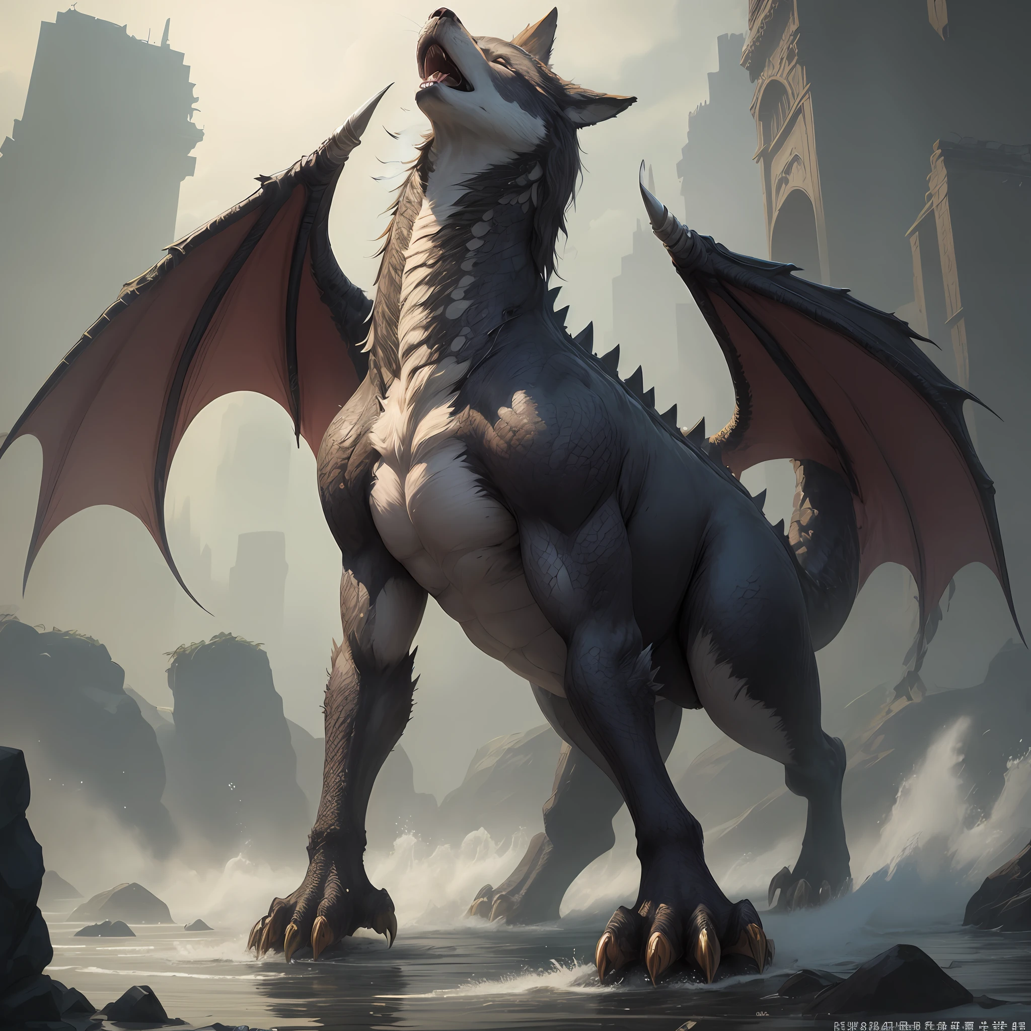 His neck is long。Wrapped around like a snake，This neck has a solemn beauty。The head is like a wolf。The hair is dense。Has furry ears。The teeth in the mouth are very sharp。There are a lot of scales intertwined around the neck