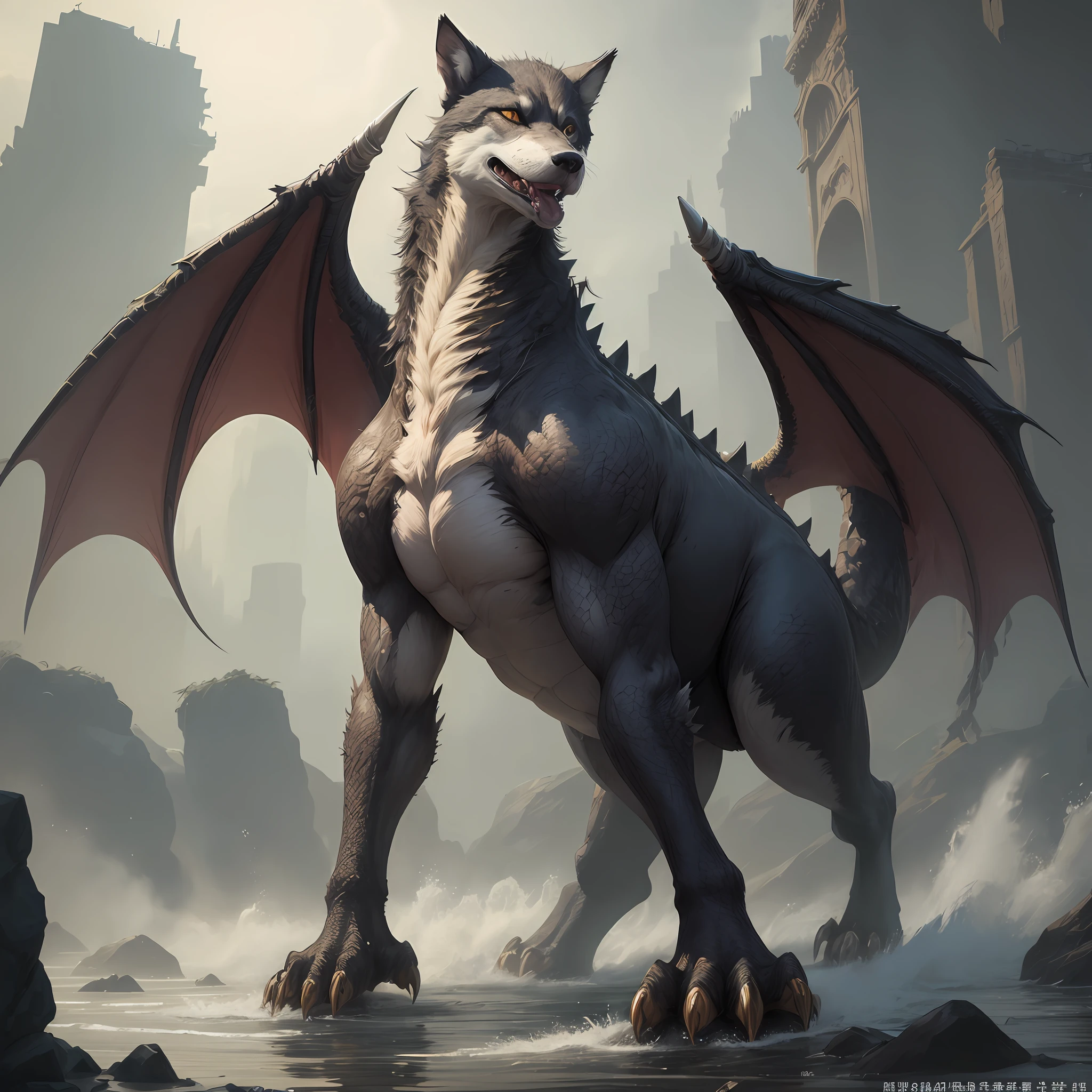 His neck is long。Wrapped around like a snake,This neck has a solemn beauty。The head is like a wolf。The hair is dense。Has furry ears。The teeth in the mouth are very sharp。There are a lot of scales intertwined around the neck