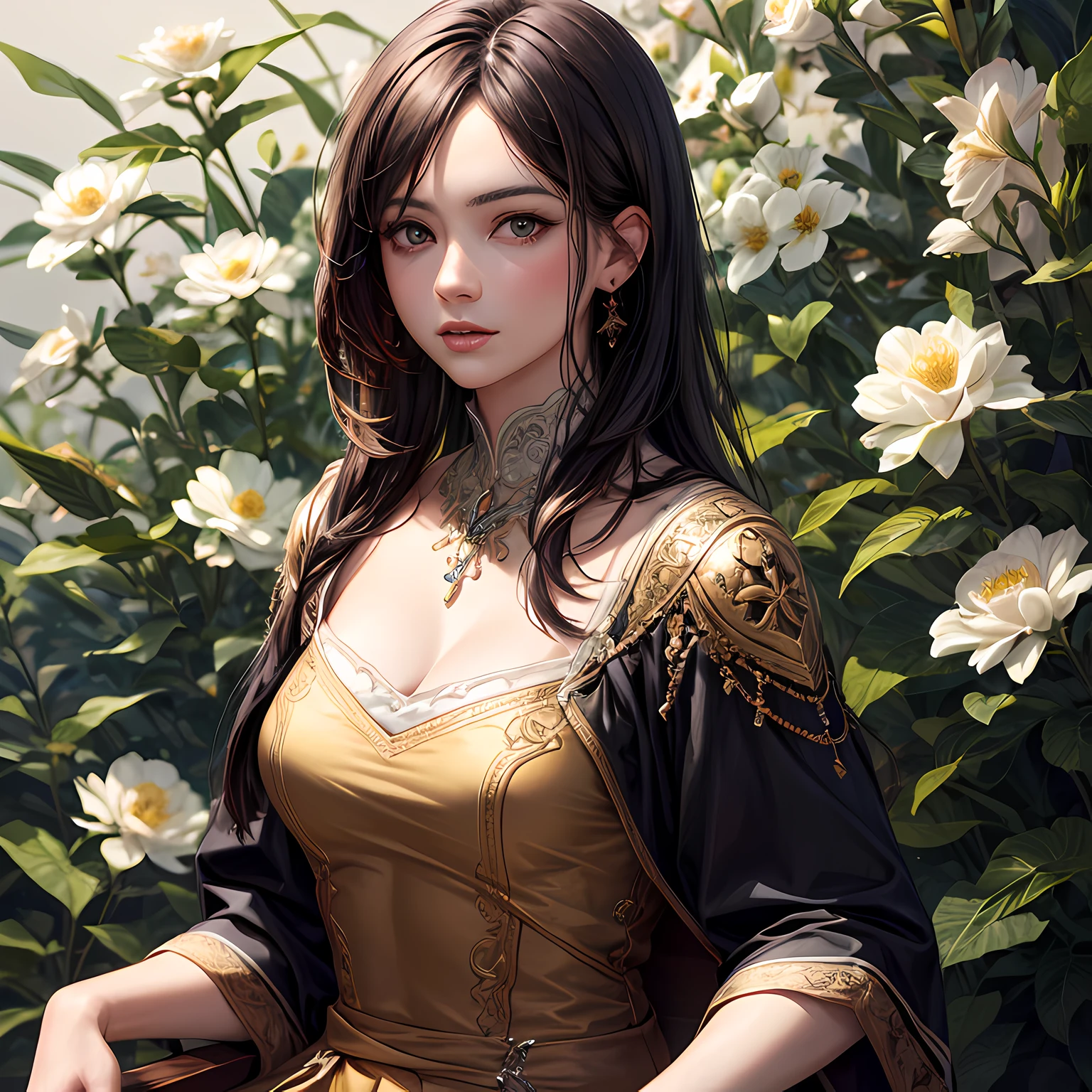 (masterpiece, best quality), photorealistic illustration, mature woman, flower dress, colorful, darl background,flower armor, complementary colors theme,