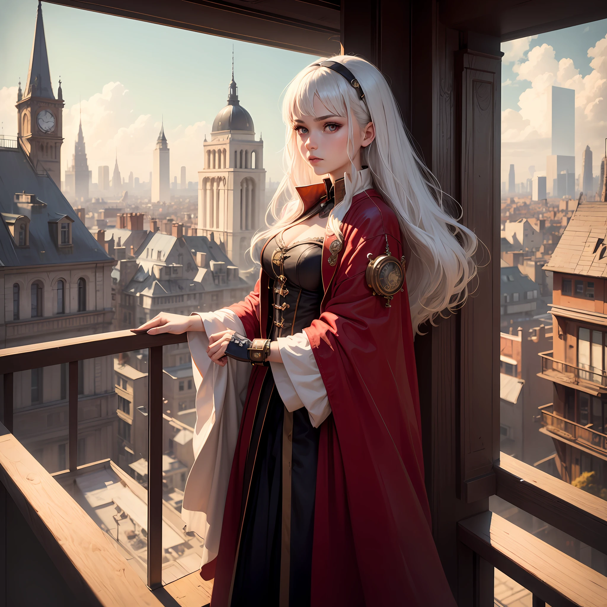 tmasterpiece,Best picture quality,A high resolution,steampunk wind,A young beautiful girl with white hair and red eyes,wears a long robe,Standing on the balcony,Look down at the steampunk-inspired city in the distance, --auto