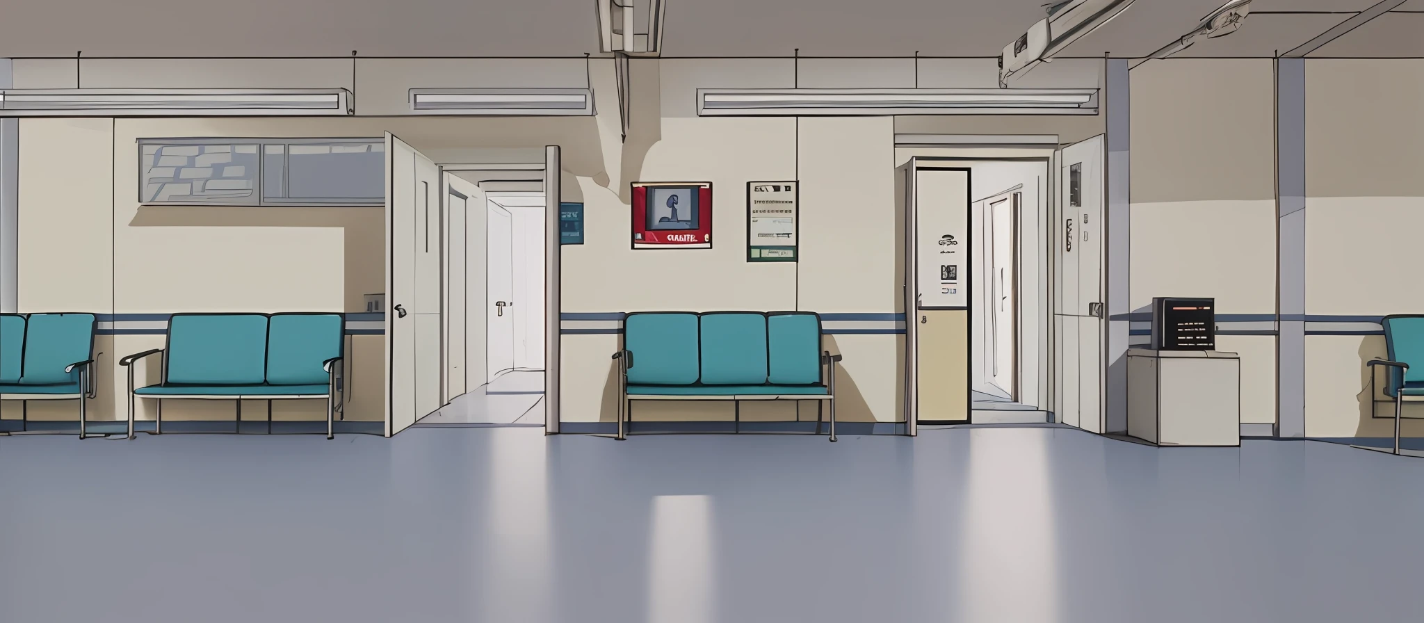 There was a room，Inside there are two doors and a bench, waiting room, hospital in background, sterile minimalistic room, Hospital interior, sickroom, Flat illustration, sickroom, Minimalist cartoon style, interior background art, Sit in the waiting room, hospitals, emergency room, digital flat 2 d, sterile background, hallway landscape, Simple illustration, Flat color ，darkly，terroral，Black and white，the night，lamplight， horror element，nigth，Cancel lights，dimly lit