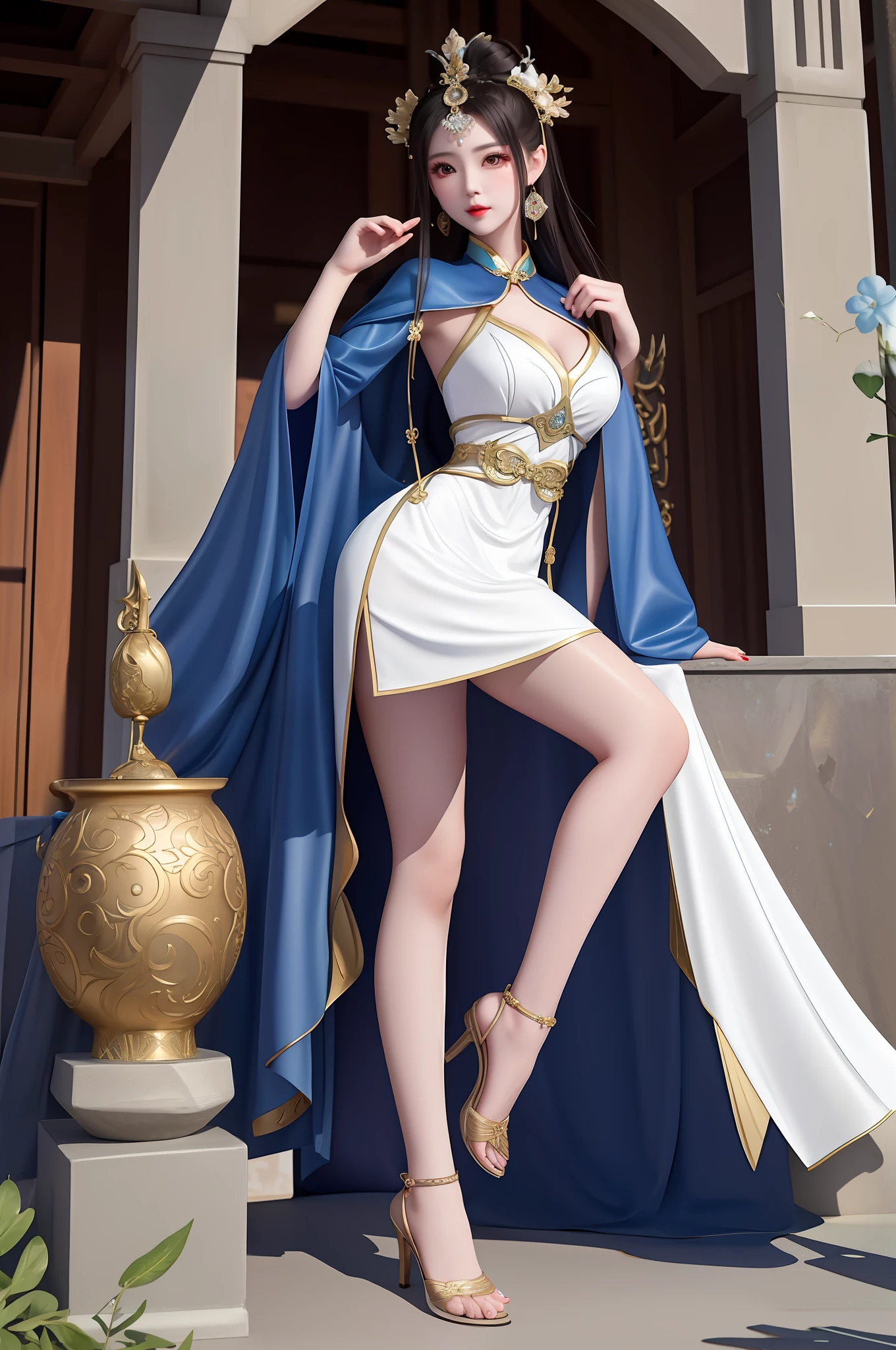 Arapei woman in white dress and blue cape poses for a photo, full-body xianxia, Japanese goddess, a beautiful fantasy empress, tall thin beautiful goddess, elegant glamourous cosplay, ((a beautiful fantasy empress)), giant stunning goddess shot, succubus in tight kilt, Gorgeous Role Play, amouranth, Greek goddess, asian nymph bald goddess