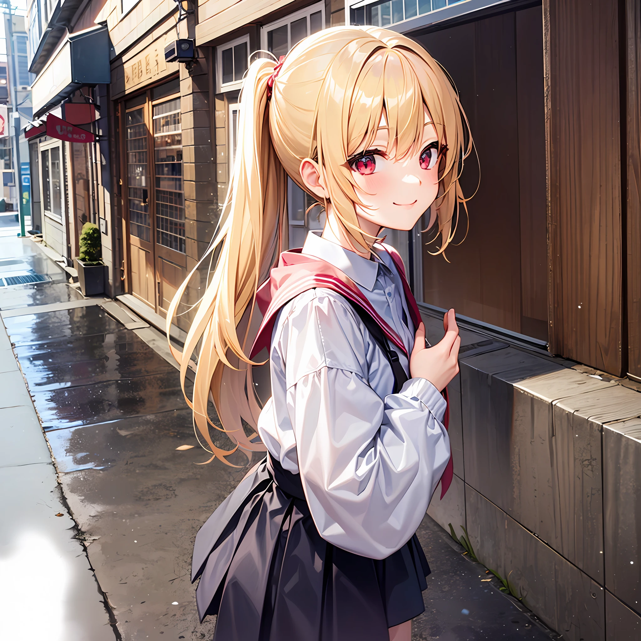 One blonde girl、red eyes、poneyTail、skirt by the、a smile