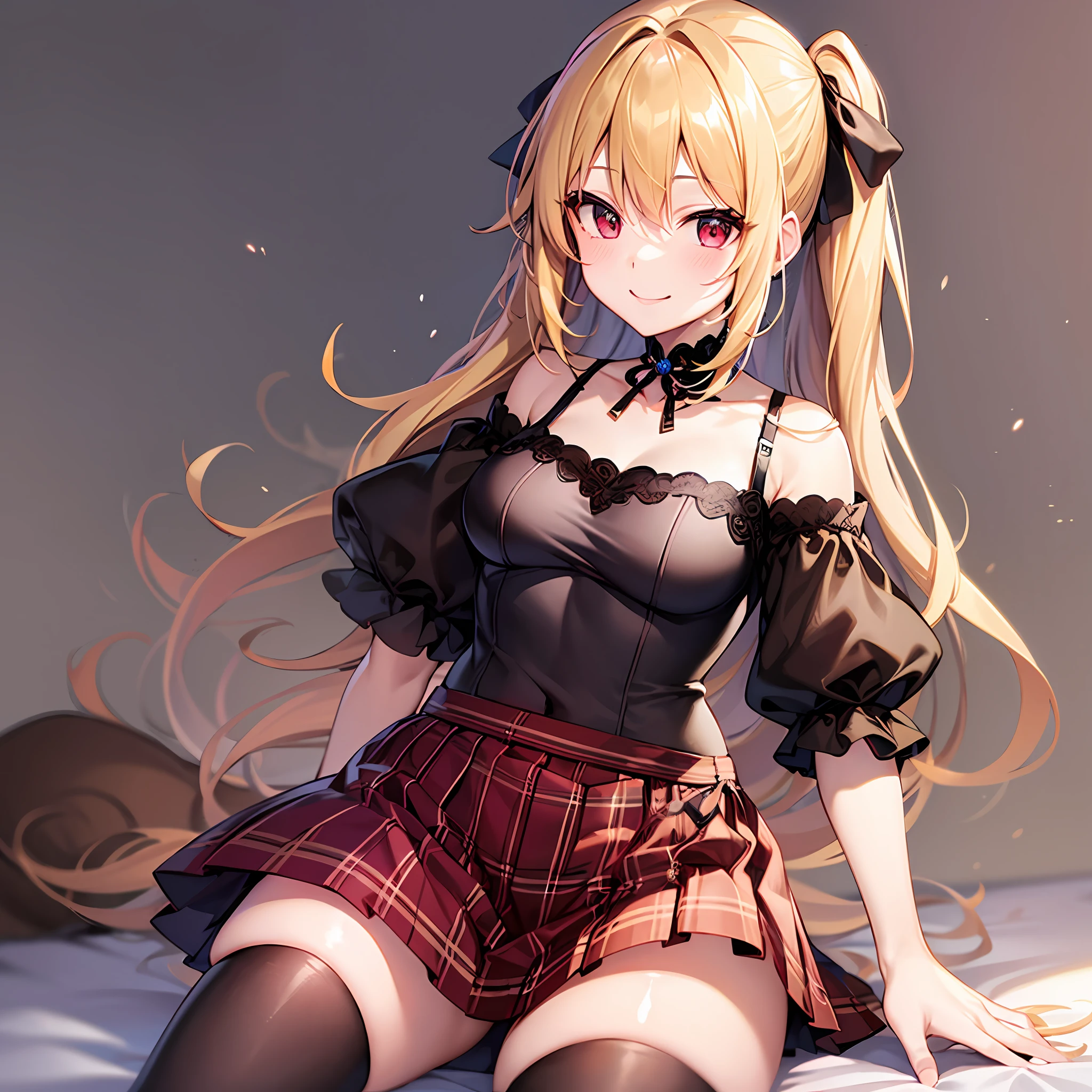 One blonde girl、red eyes、poneyTail、skirt by the、a smile