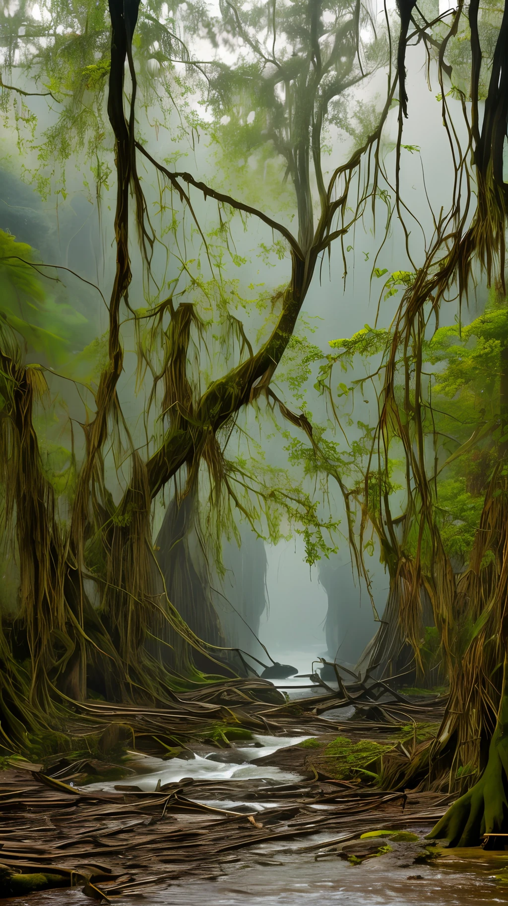 Dead vines, old trees, faint crows, small bridges and flowing water