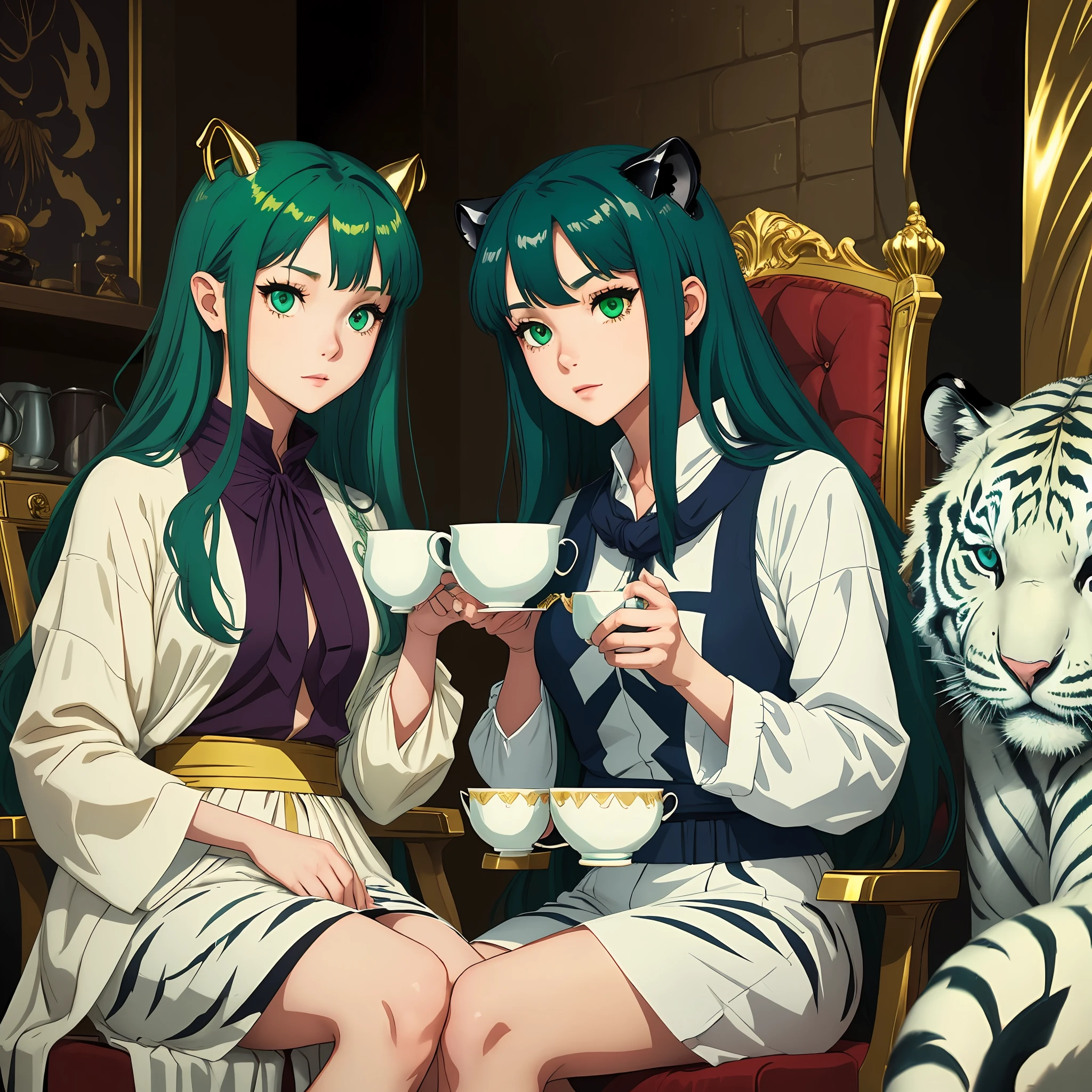 Blue long hair,There are two horns,Golden-eyed girl sitting in chair,One foot on the white tiger,Next to him stood a head of green hair,Golden eyes,Long-haired girl toasts blue-haired woman with teacup --auto