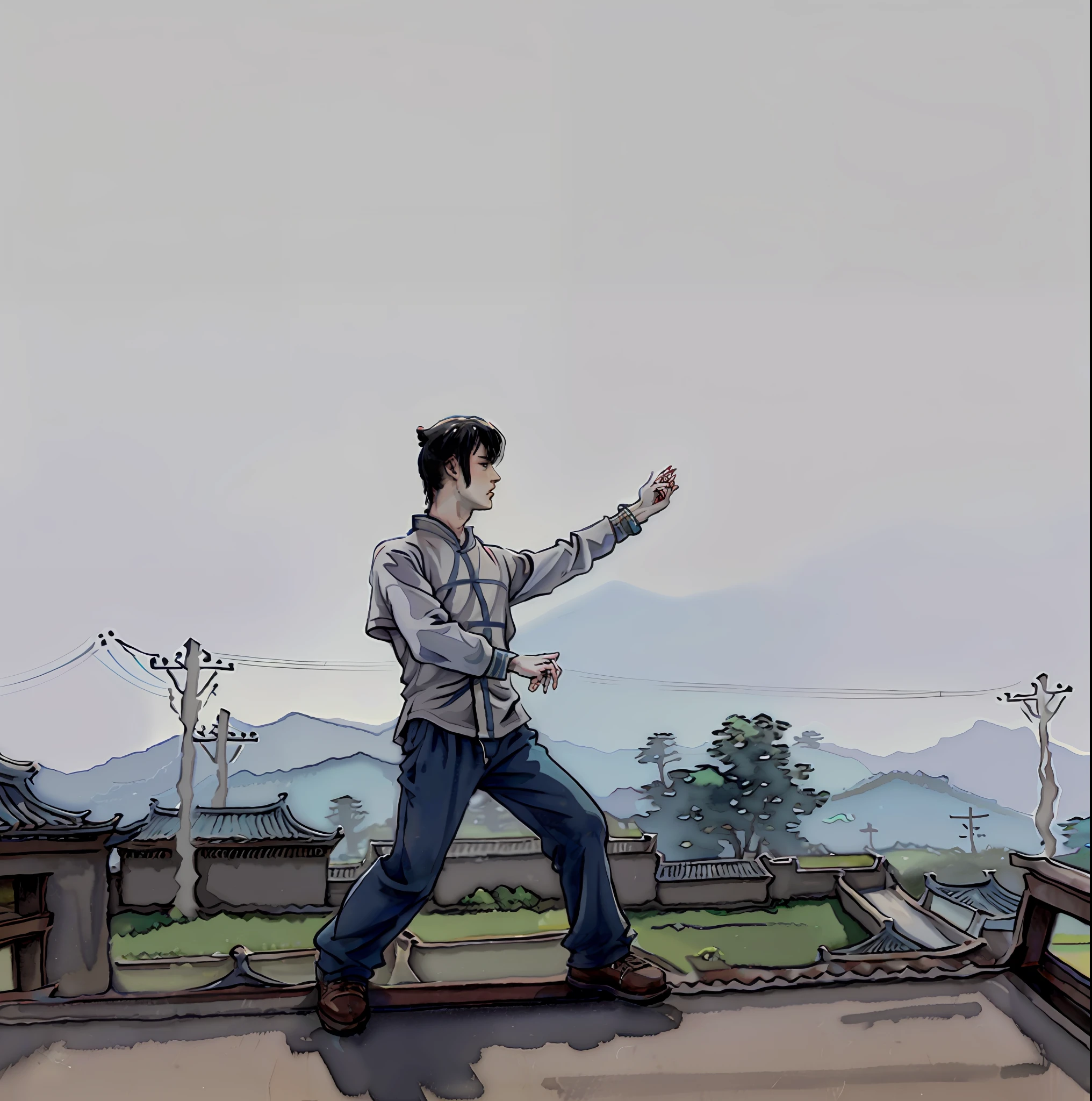 "(Master style)The male characters below are set in Ma Quan,In Cao Buxing、Guan Daosheng、Zhao Mengfu's calligraphy works show a high posture,The scene on the roof in the picture reveals pride and kung fu quality."The palm of the left hand is open outward