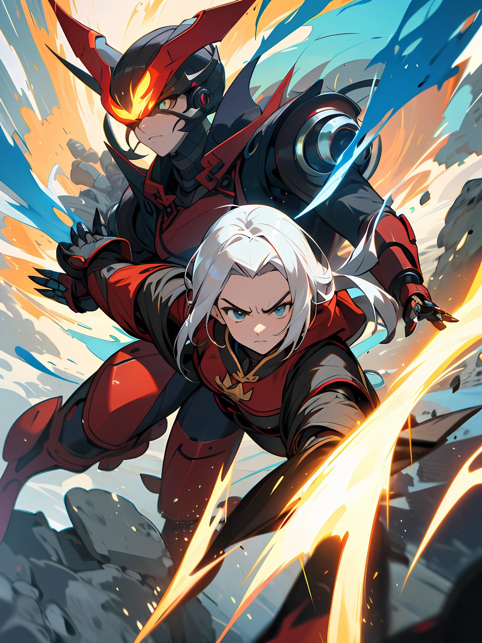 best quality,(1Menina, sozinho, adult female, Mature female), Azula, cabelos pretos, olhos dourados,
red cyber armor, Action Pose, fogo azul, fundo azul do fogo, (edgMechagirl capacete), serious face, franzir, movimento, dynamic pose, artes marciais,