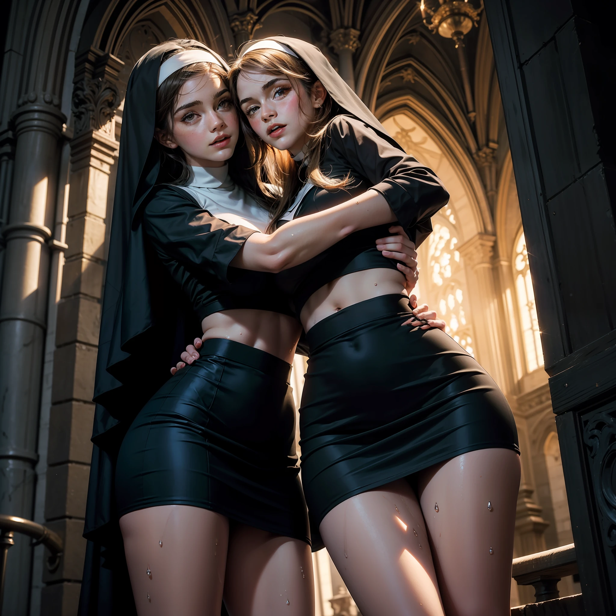 emma watson as two sexy nun girs sitting on a fence. tight intricate short dress costume. skirt. crop top. thighs. underboob. slender body. inside dark cathedral. dark background. hugging and kissing with a blonde girl. sparkly eyes. wet. from below.
