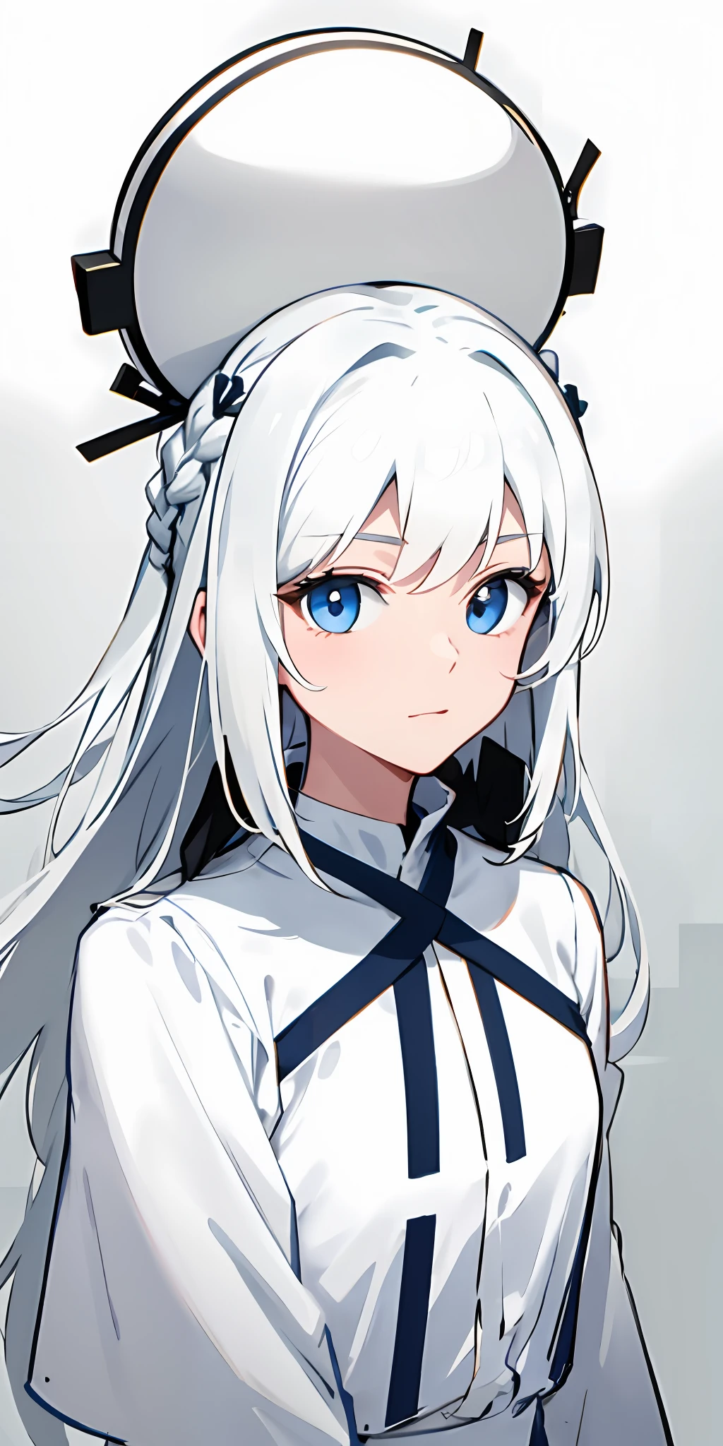 Excellent, masterpiece, white hair, blue eyes, white clothes, looking up, upper body, hair, fair skin, side braids