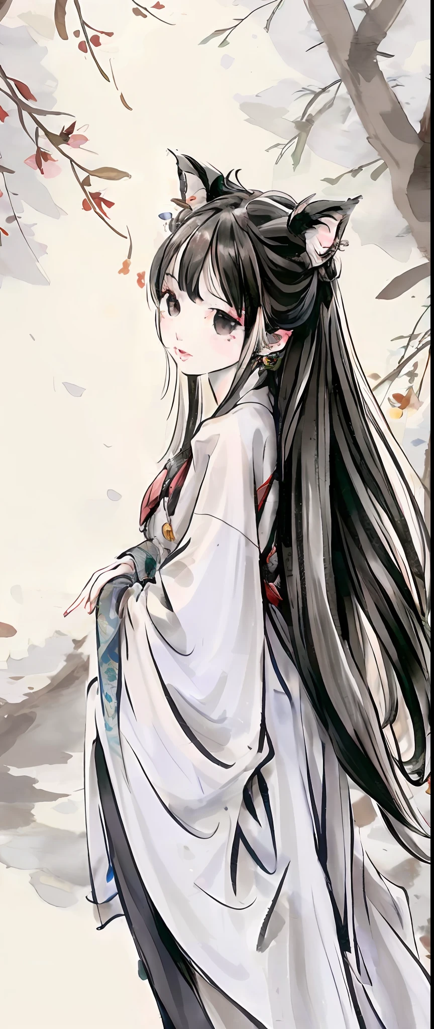 ((4k,masterpiece,best quality)), shuimobysim, Traditional chinese painting, lotuses, Hanfu, maxiskit, dress conservatively 1 girl, 独奏, whaite hair, long whitr hair, fox ear, white colors, 比基尼, The fish, Many fish are close to the girl, looking at viewert, Titillating,nakeness