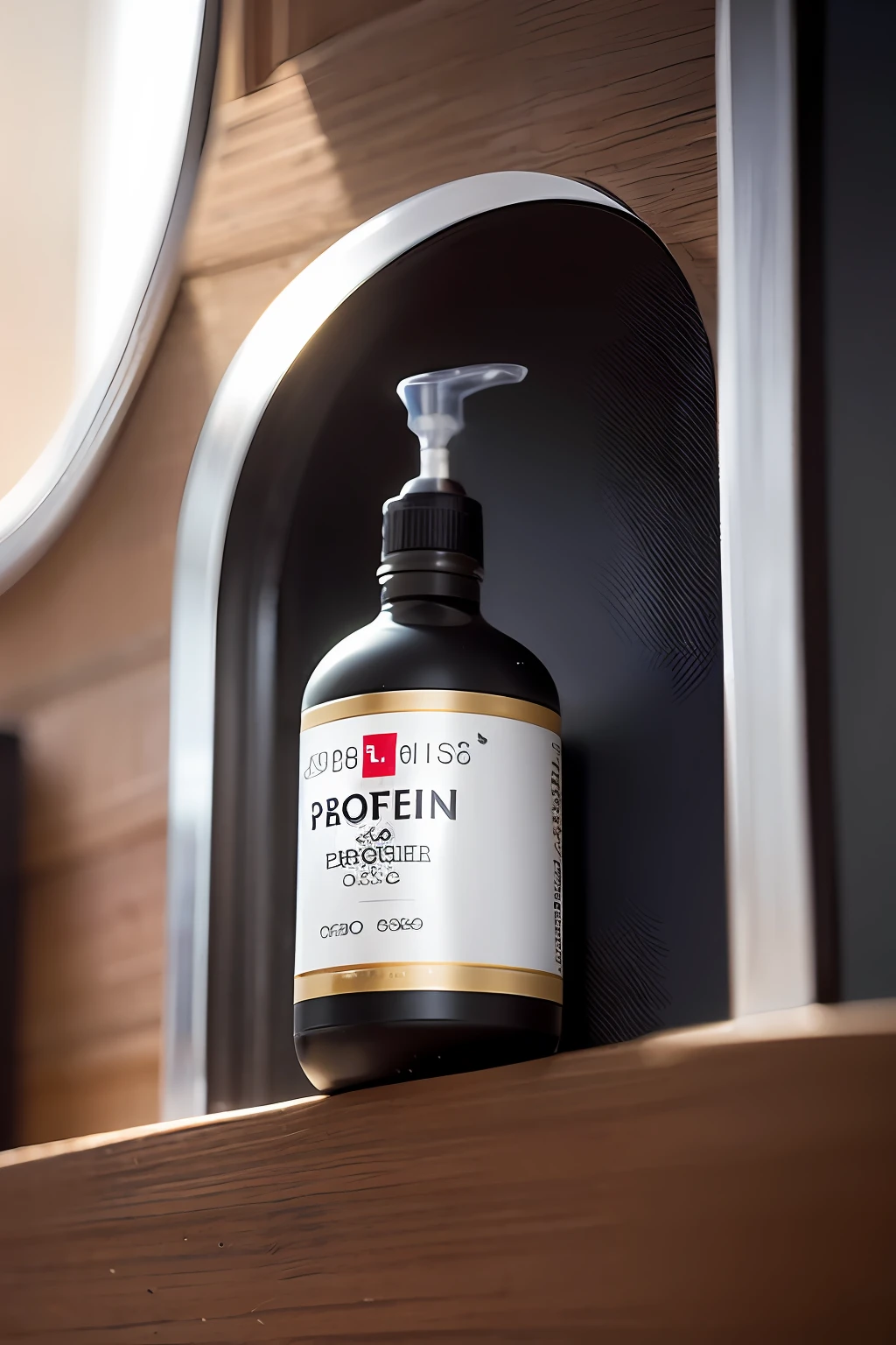 Alafeld protein bottle on a window shelf, professional product photo, professional product shot, Product photography, mid tone, health potion, products shot, Product photo, ProductAdvertisements, dark-toned product photos, Professional product photography, product design shot, product introduction photos, komono, full bodyesbian, Full-body