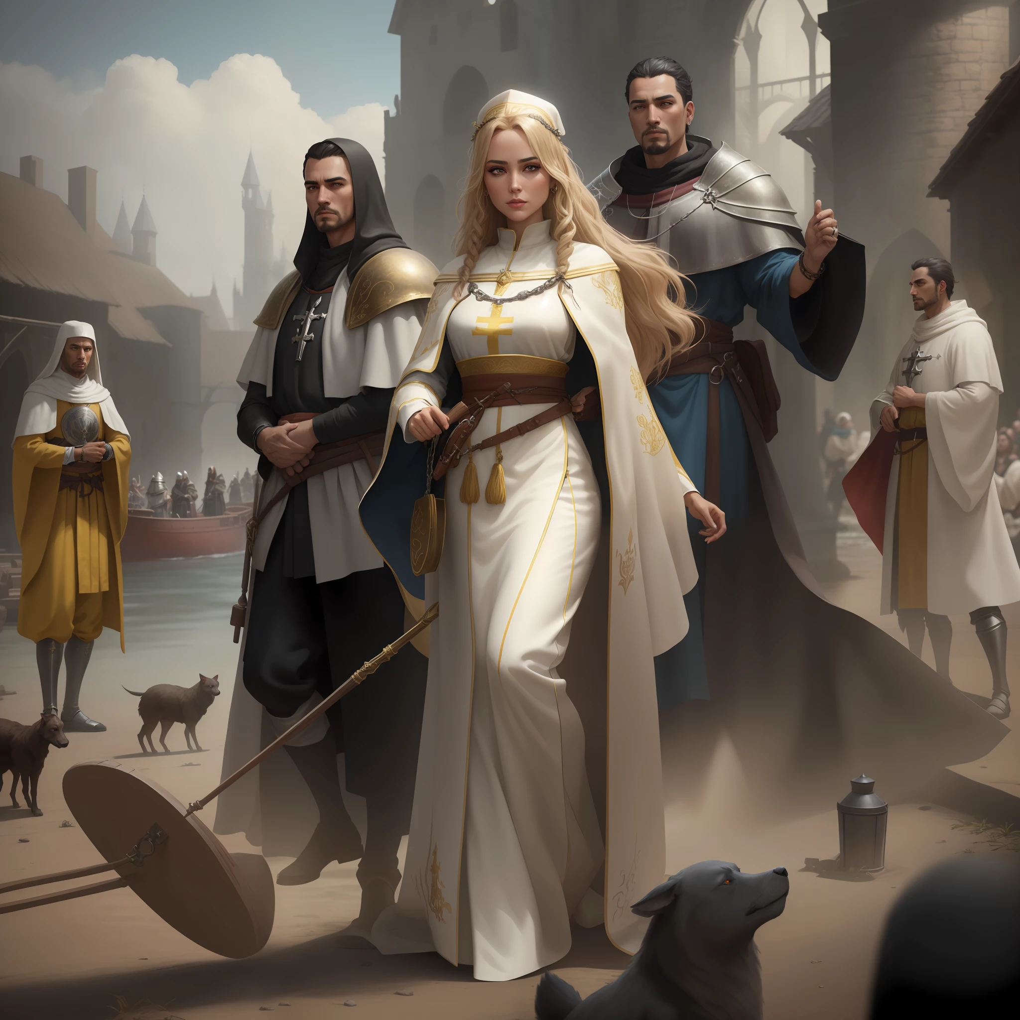 Highly detailed epic cinematic CG concept art renders digital painting: a boat stands a lot of people dressed in medieval clothes, White and gold priestess robes, Crusader kings, Gold and white robes, Medieval fantasy,dynamic dramatic cinematic lighting, accurate correct anatomy, aesthetically pleasing, very inspiring, hyper detailed illustration, 8k, hdrdetailed eyes, perfect eyes, epic, full body, detailed details, hyperrealism, detailed face, (((masterpiece1;5)))