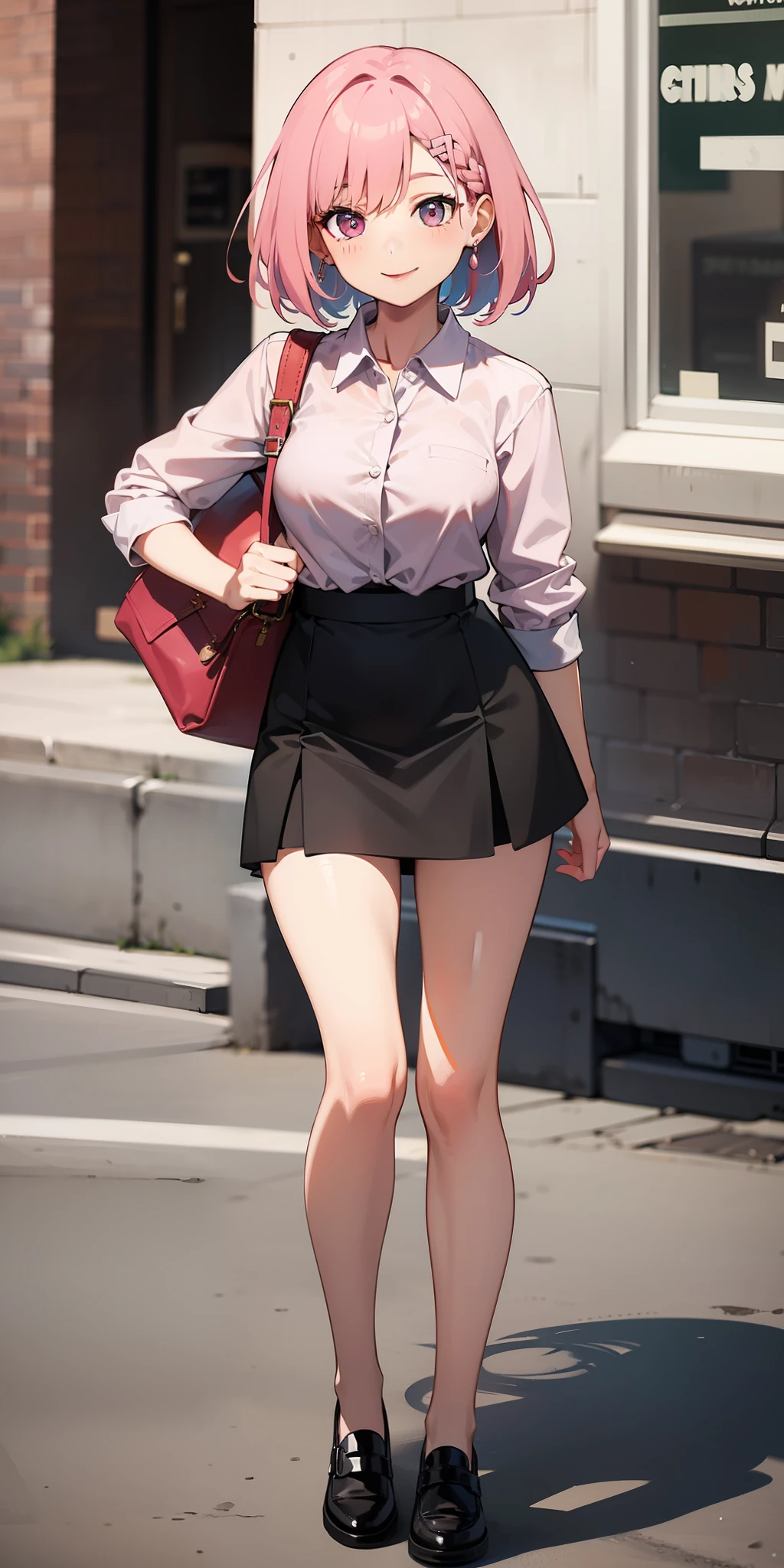 A pink-haired,With a smile,Wear a short skirt