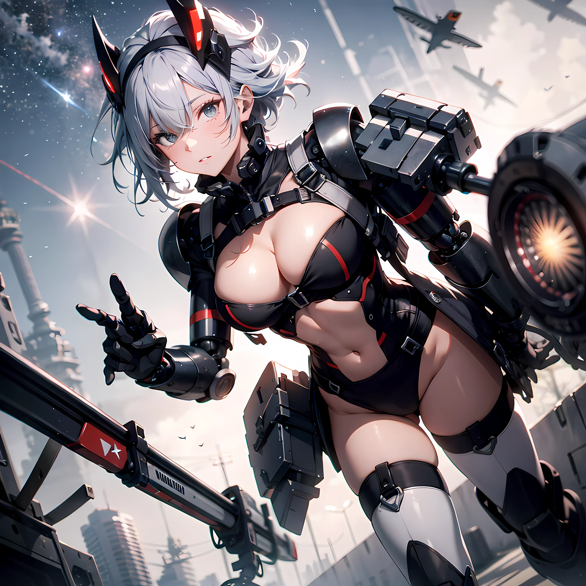 on the sky，Outdoors，Clear face，Face device，Flushed cheeks，Sit on the mech，Neon lights shine shadows on the body，Ridiculous resolution, A high resolution, (巨作:1.4), ultra - detailed,Oversized machine gun|Mechanical sword, 1girll, wearing spacesuit，looking from above, the space, afloat，moons，(Running position)(Hand fist)，Wide-angle lens distortion，Inside the robot factory，超高分辨率,Higher quality,Best image quality,Works of masters,depth of fields,full body shot shot,long eyelasher,As estrelas,Skysky,meteor shower,neonlight,metallic  luster,lense flares,Operate inside the chest of the robot，Background: Many high-end robots are high，Passers-by，Faraway view，Background air station，The robot is occluded，Bigboobs，An anime character，Final Fantasy,((There is mechanical armor outside the underwear))，animemanga girl，sci-fy，Hold the mechanical controller，aerocraft,Ejection shoots