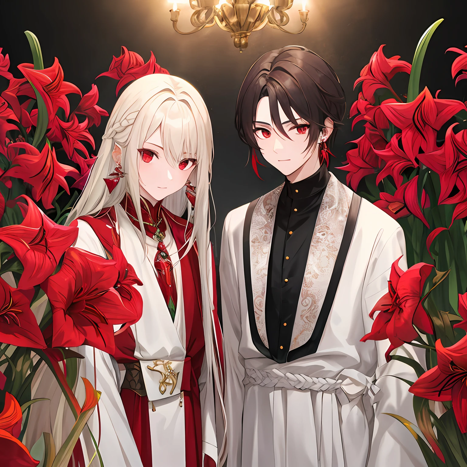 male people,long whitr hair,brunette color hair,Red eyes,Red earrings,amaryllis