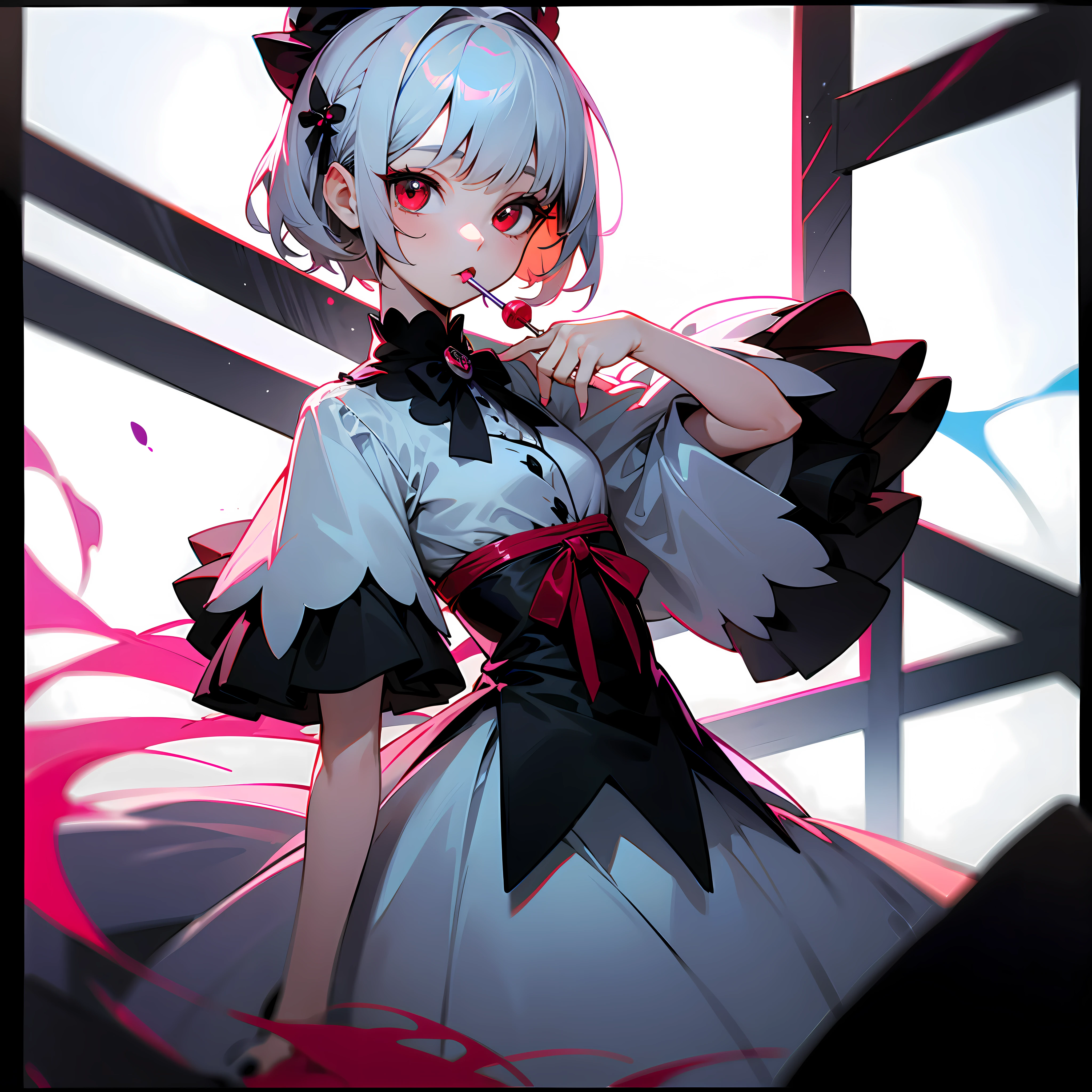 A cute little English loli,Short silver hair and red eyes,Height 155cm,With a lollipop,Wearing Lolita --auto