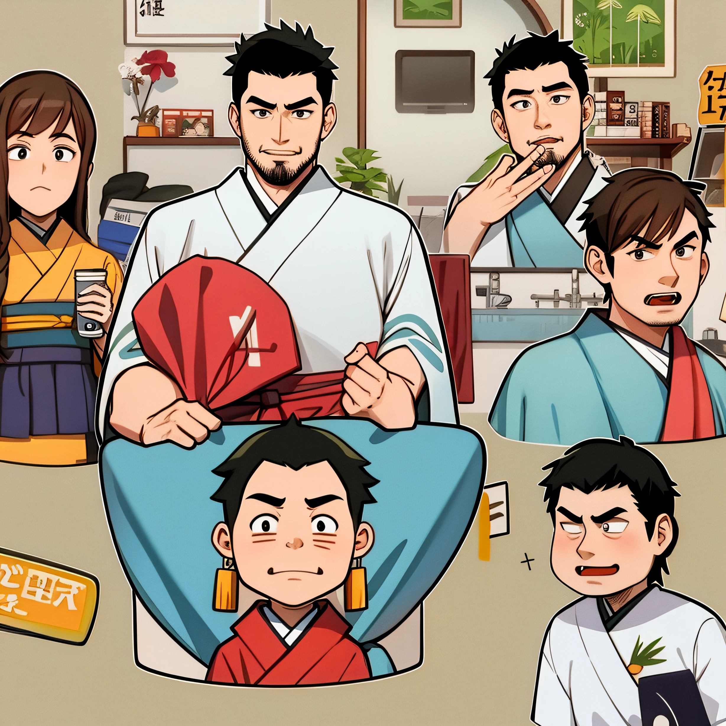 Comical cartoonish illustrations、2D、Face of 28-year-old Japan man with towel wrapped around his head、Thick raised eyebrows。