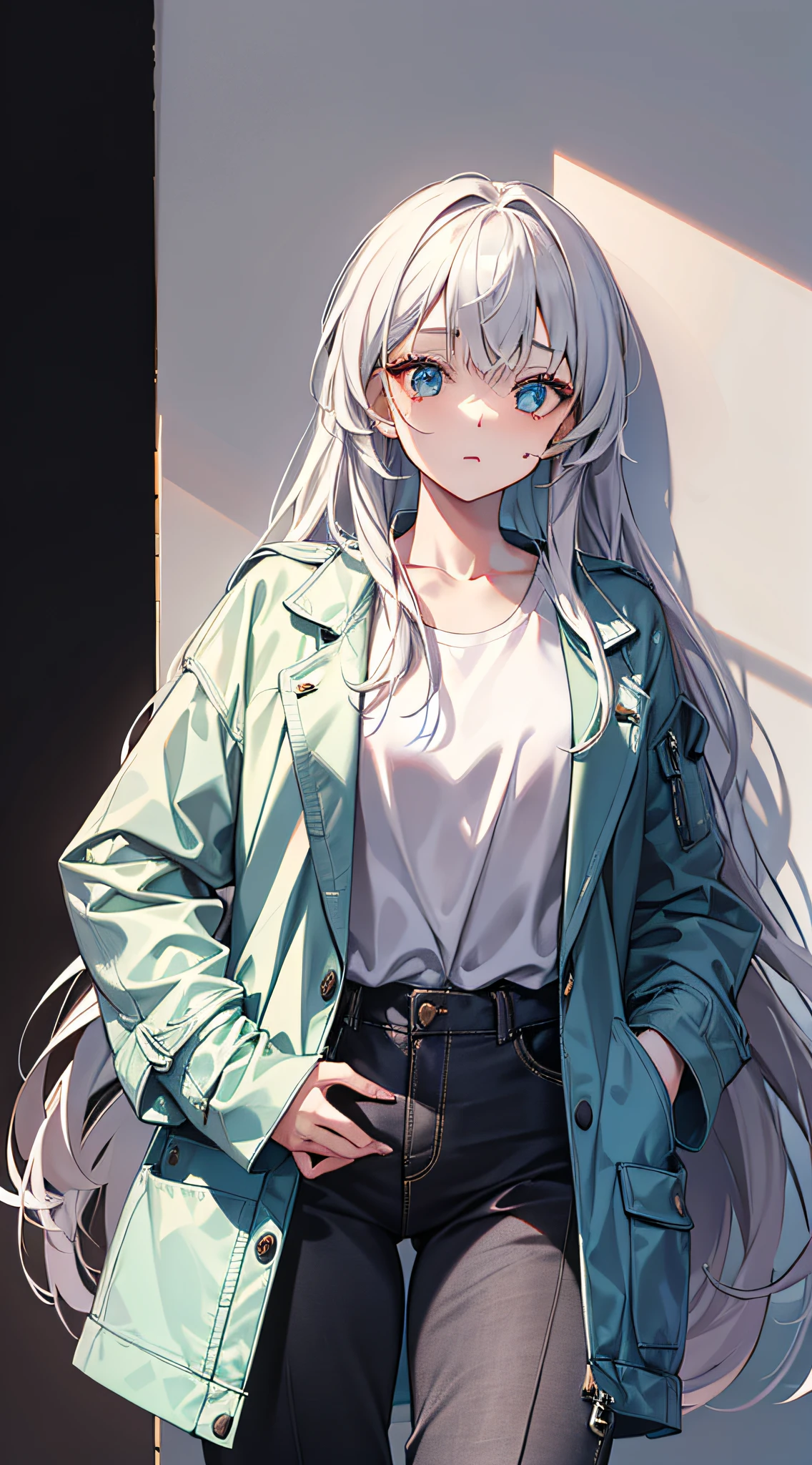 A beautyful girl，Wear a shirt，Jacket loose suit，Loose suit pants，Solid white background，woman model，Long hair dyed haze blue，Female-centered，16k，Delicate facial features，Thick packing，Smaller stature，Outfit，Show off clothes,((exquisite facial features))