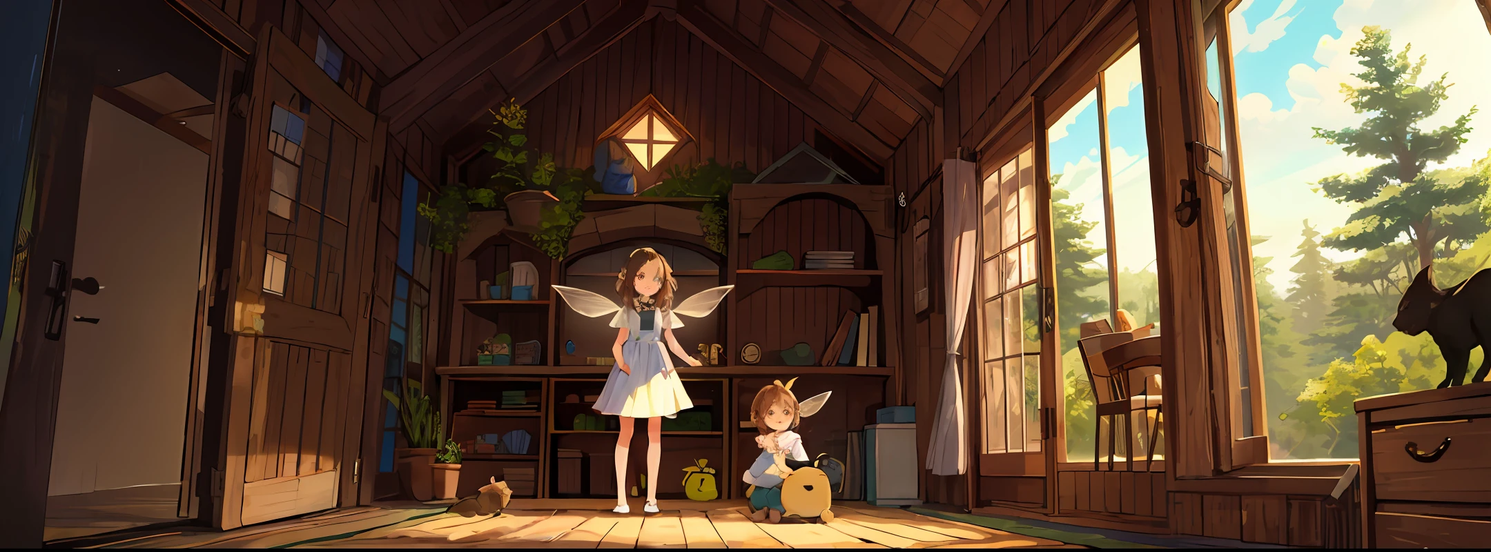 cartoony,Cute girl,Brown hair,Double,Change in front of the mirror,rays of sunshine,tree house,tmasterpiece,tiny faeries