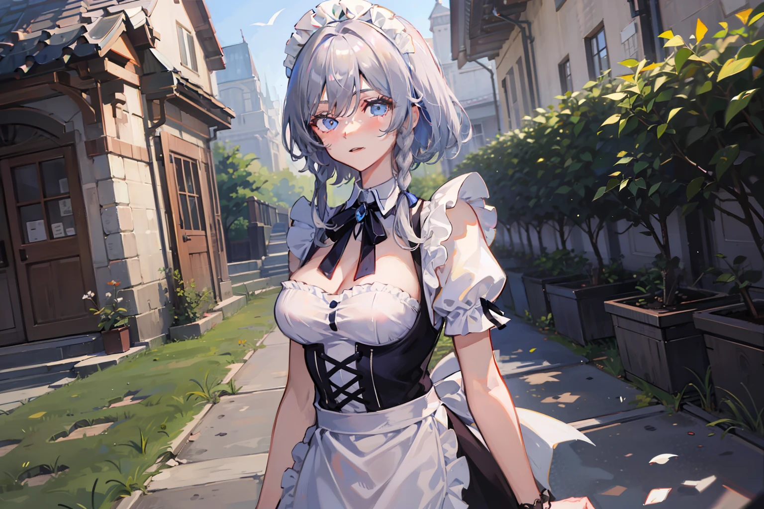 masterpiece, best quality, highres, 1girl, solo, sakuya1, izayoi sakuya, maid, blue eyes, grey hair, medium breasts, knife, outdoors,room