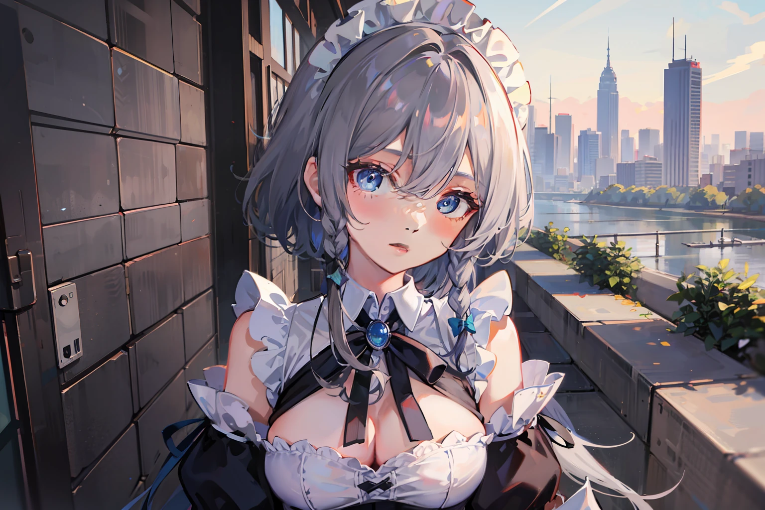 masterpiece, best quality, highres, 1girl, solo, sakuya1, izayoi sakuya, maid, blue eyes, grey hair, medium breasts, knife, outdoors,room