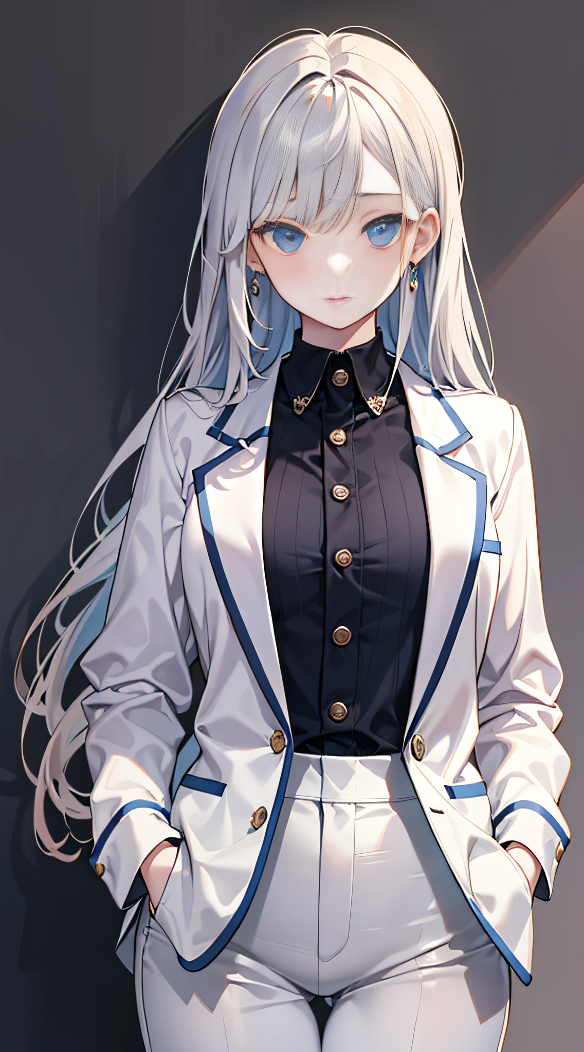 A beautyful girl，Wear a shirt，Loose suit，Loose suit pants，Solid white background，woman model，Long hair dyed haze blue，Female-centered，16k，Delicate facial features，Smaller stature，Outfit，((Show off clothes))，Delicate facial features，