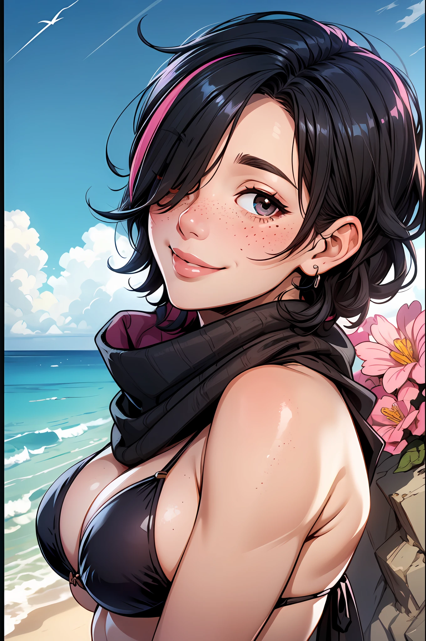 (mature female:1.4), short hair, pony tail, multiple hair clip, black hair color,  black bikini, pink shawl flower motive, seductive smile, shy, freckles, blush face, blue sky, seashore, arms behind head, hair over one eye, dynamic lighting, high contrast, two tone lighting