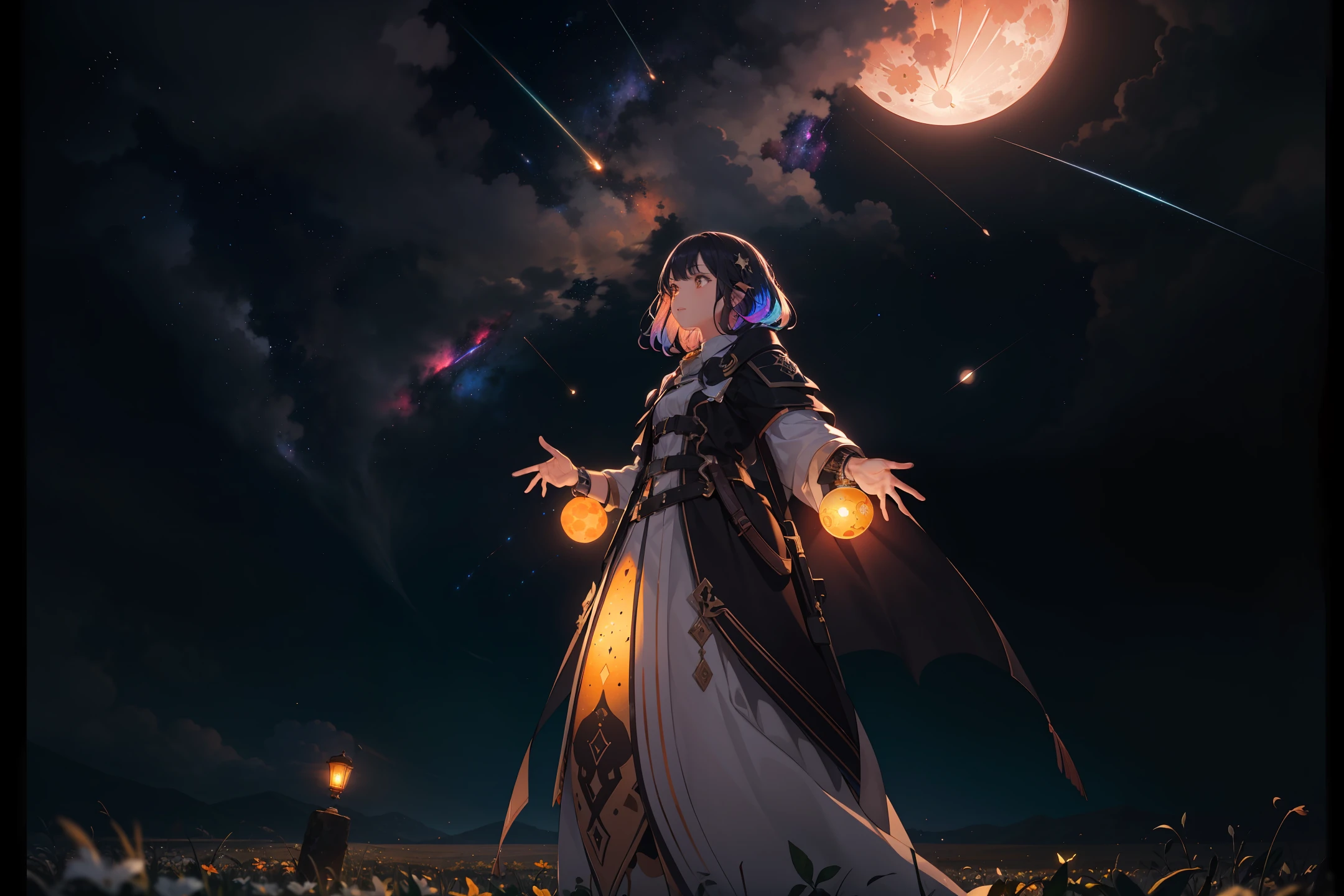 expansive landscape photograph , (a view from below that shows sky above and open field below), a girl standing on flower field looking up, (full moon:1.2), ( shooting stars:0.9), (nebula:1.3), distant mountain, tree BREAK
production art, (warm light source:1.2), (Firefly:1.2), lamp, lot of purple and orange, intricate details, volumetric lighting BREAK
(masterpiece:1.2), (best quality), 4k, ultra-detailed, (dynamic composition:1.4), highly detailed, colorful details,( iridescent colors:1.2), (glowing lighting, atmospheric lighting), dreamy, magical, (solo:1.2)