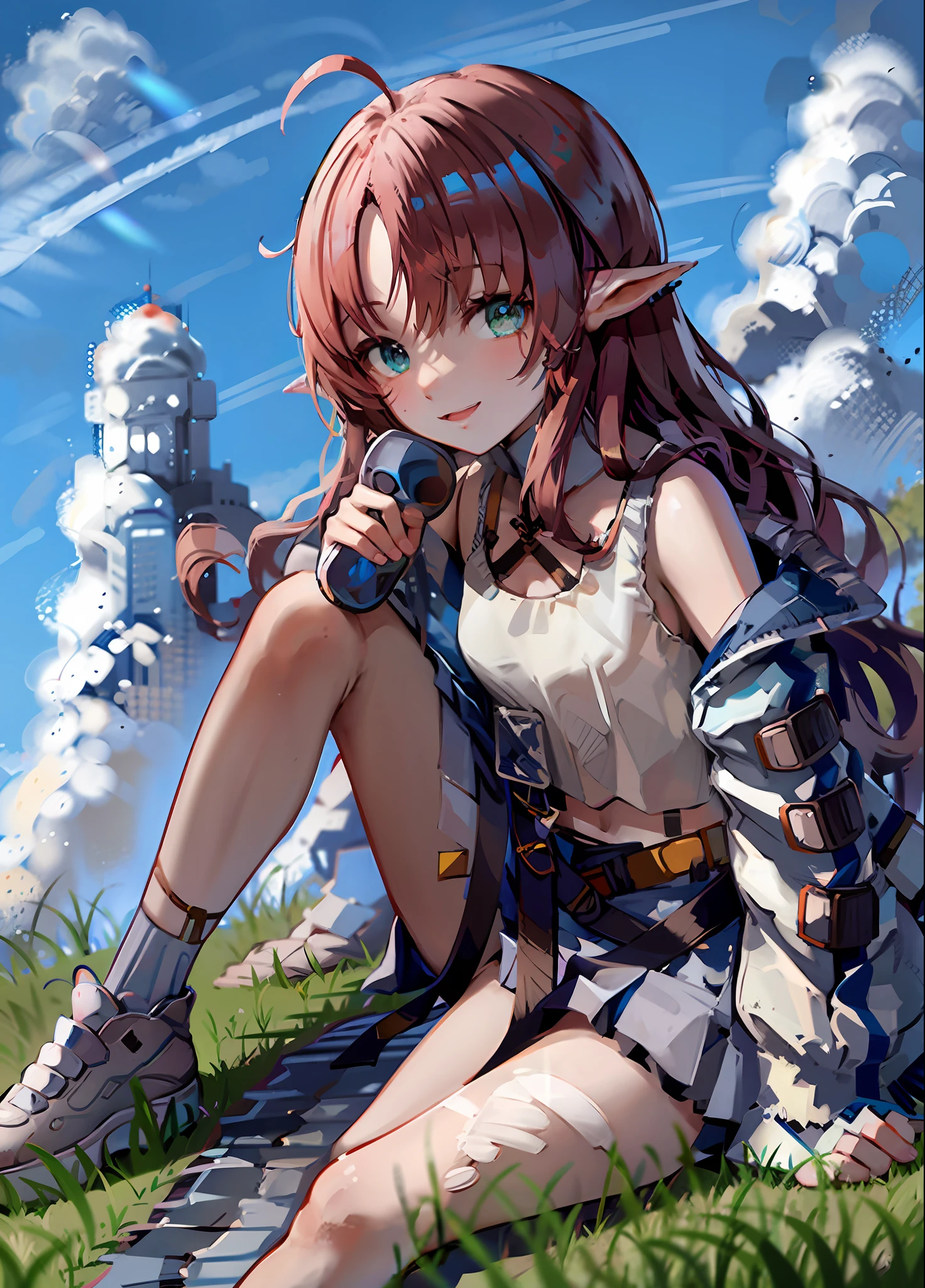 blue-sky,grassy fields,trail,Cute girl,sitting on a curb,Looking up at the blue sky,ssmile,8K,shadowing,The upper part of the body,Elevation perspective