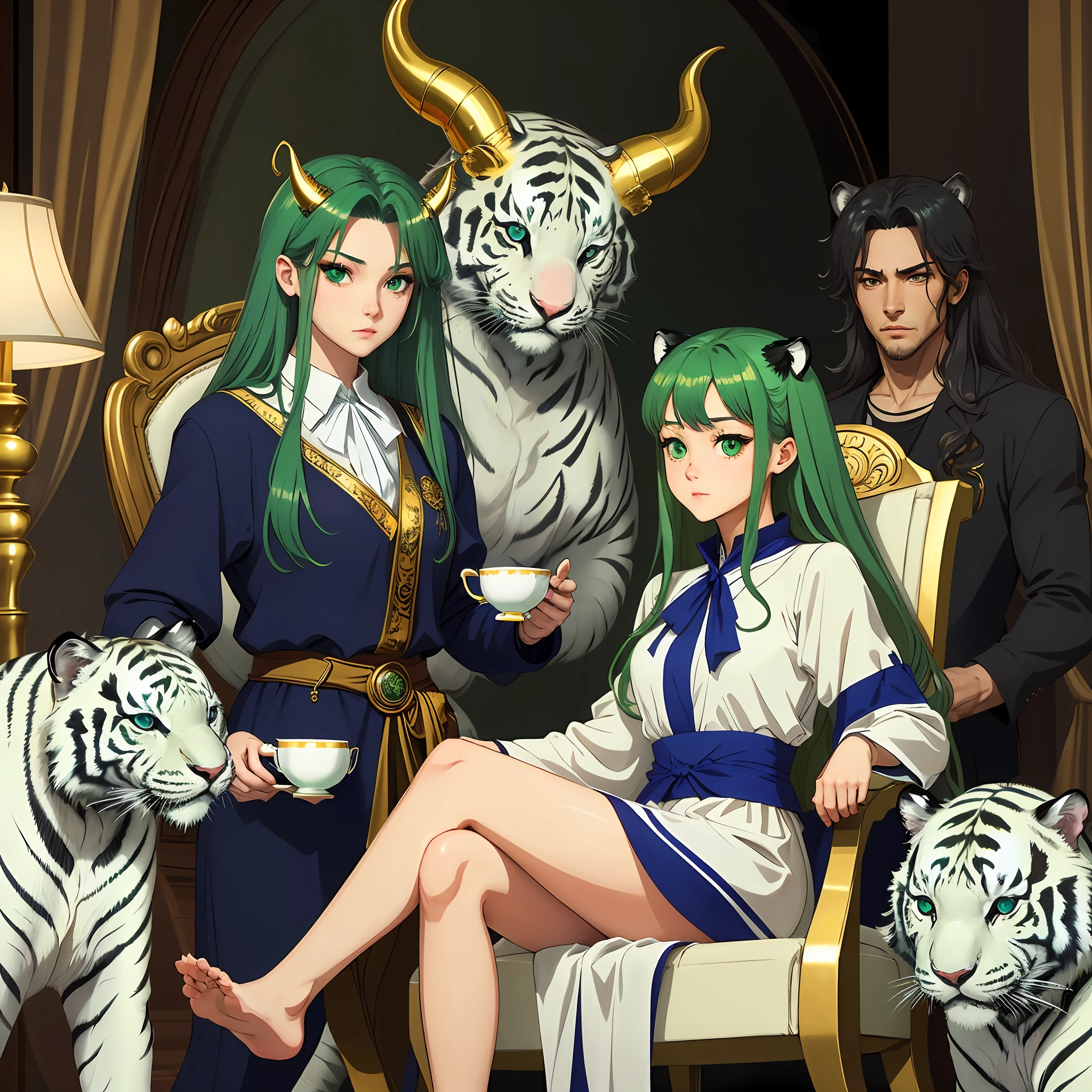 Blue long hair，There are two horns，Golden-eyed girl sitting in chair，One foot on the white tiger，Next to him stood a head of green hair，Golden eyes，Long-haired girl toasts blue-haired woman with teacup --auto