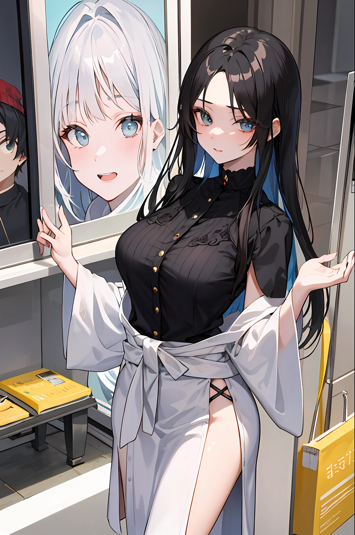 Yukki is a 17-year-old with long, straight black hair that reaches down to her waist. Her eyes are large and expressive, de cor castanho-escuro, and his face has delicate features. She's thin and tall, com uma postura ereta e elegante. Yukki has her own style of dressing, que combina elementos de moda vintage com toques modernos e futuristas, como saias rodadas, blusas com golas altas e jaquetas de couro. She is an intelligent and courageous person, But it can also be impulsive and stubborn in certain situations. The expression on his face conveys a mixture of determination and curiosity, como se estivesse sempre pronta para enfrentar desafios e descobrir algo novo.
