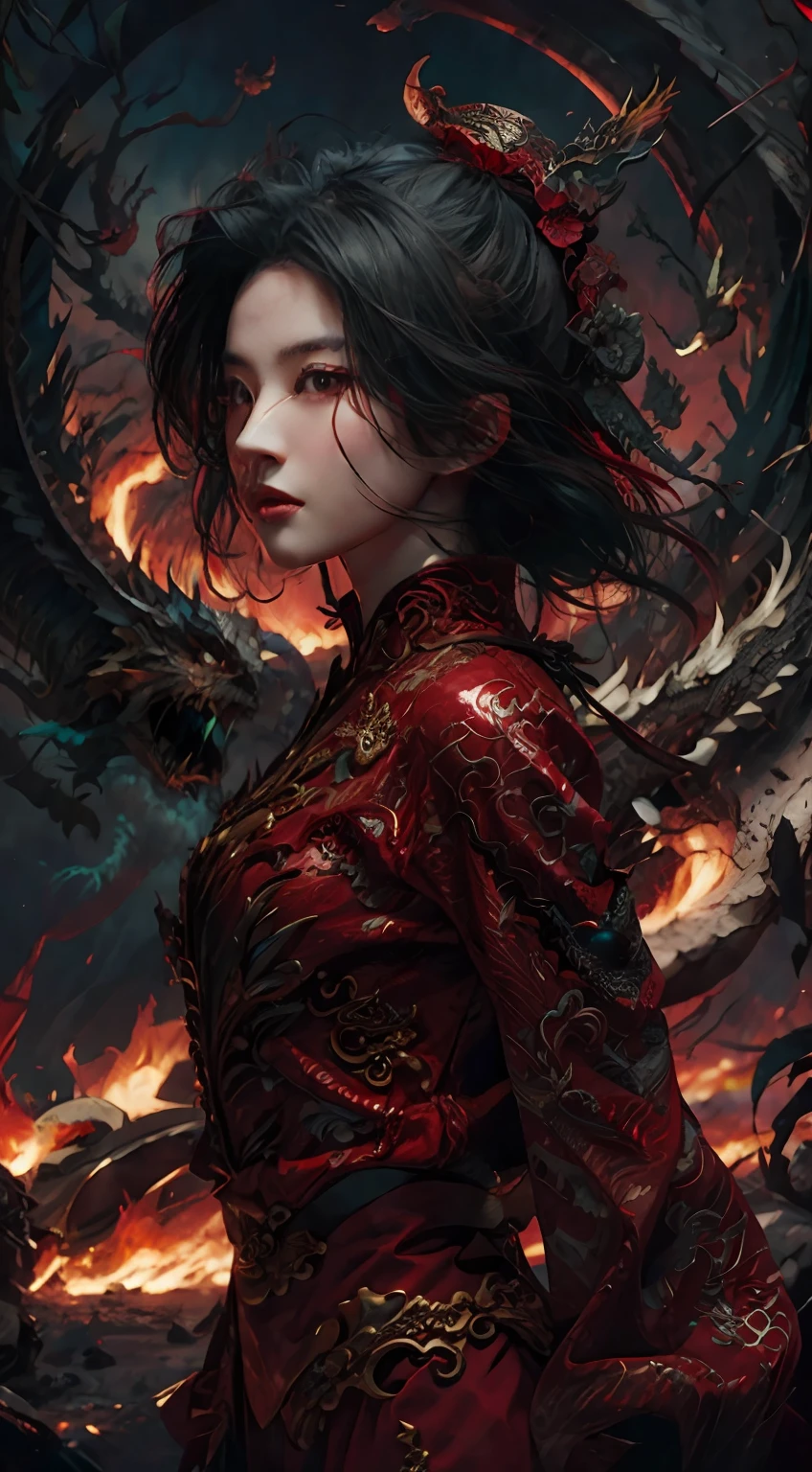 Dragon tattoo woman in red clothes