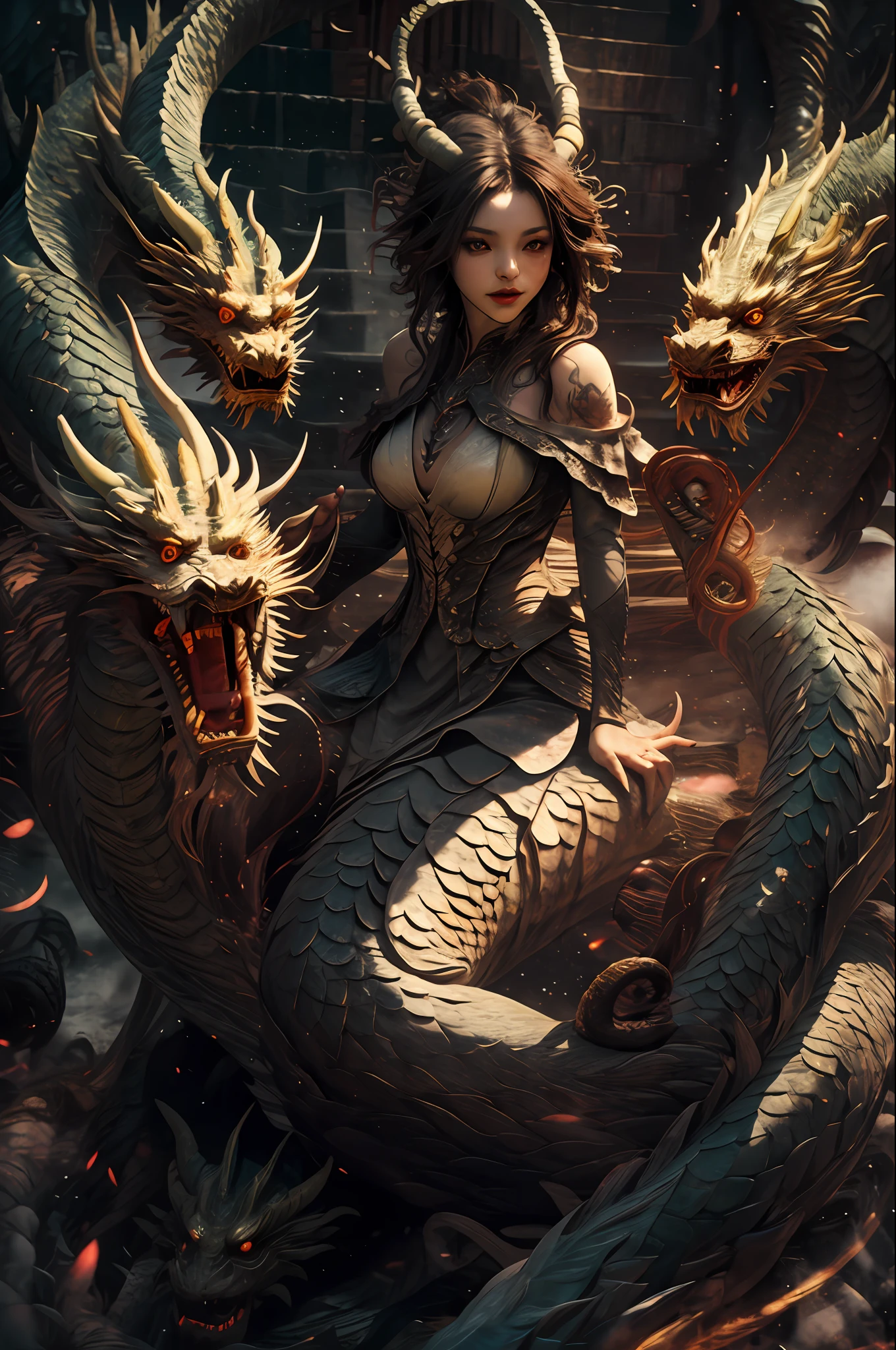 dragon_real,(the Extremely Detailed CG Unity 8K Wallpapers,tmasterpiece,best qualtiy,ultra - detailed,beatiful detailed eyes:1.2),best illuminate,(The best shadow,Extremely delicate and beautiful bloom),The girl has dragon horns on her head,long leges,The girl is surrounded by dragons,
(1female:1.4),nedium breasts,独奏,full bodyesbian,tattooed back,white dresses,(Sermon:1.4),naked leg,long skirt,