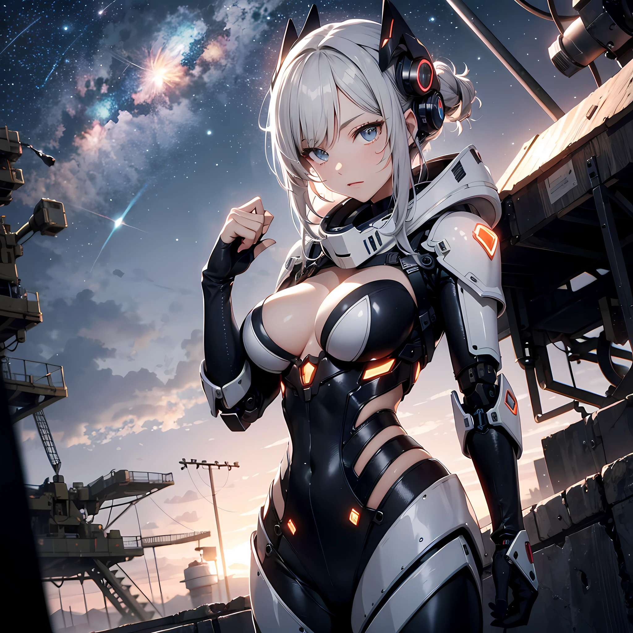 on the sky，Outdoors，Clear face，Face device，Flushed cheeks，Sit on the mech，Neon lights shine shadows on the body，Ridiculous resolution, A high resolution, (巨作:1.4), ultra - detailed,Oversized machine gun|Mechanical sword, 1girll, wearing spacesuit，looking from above, the space, afloat，moons，(Running position)(Hand fist)，Wide-angle lens distortion，Inside the robot factory，超高分辨率,Higher quality,Best image quality,Works of masters,depth of fields,full body shot shot,long eyelasher,As estrelas,Skysky,meteor shower,neonlight,metallic  luster,lense flares,Operate inside the chest of the robot，Background: Many high-end robots are high，Passers-by，Faraway view，Background air station，The robot is occluded，Bigboobs，An anime character，Final Fantasy,((There is mechanical armor outside the underwear))，animemanga girl，sci-fy，Hold the mechanical controller，aerocraft,Ejection shoots
