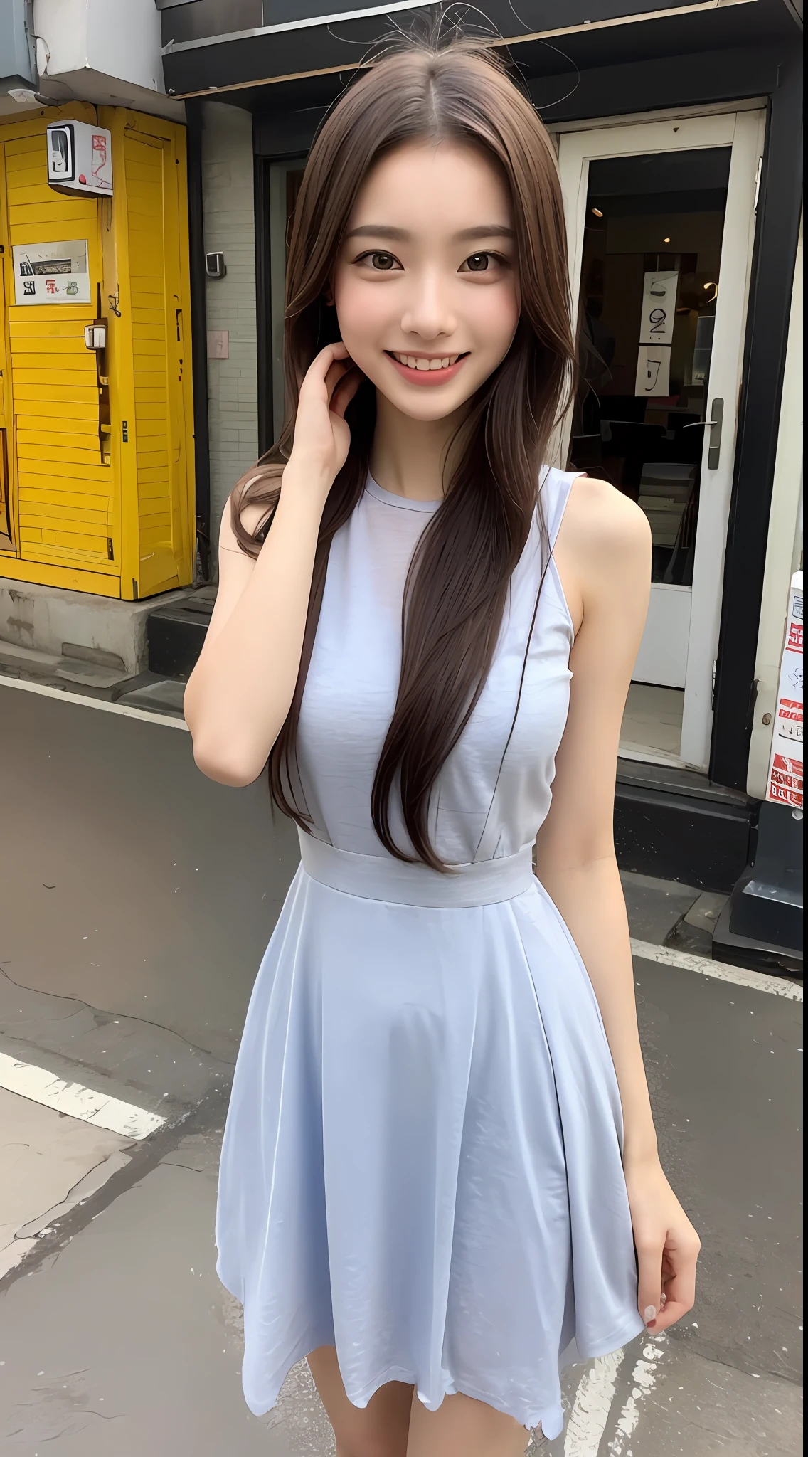 Walking length,((top-quality、8k、​masterpiece:1.3))、1girl in、a smile、full bodyesbian、Slim Faces、Pretty women、(dark brown  hair)、Full-length dresses:1.1、hyperdetailed face、A detailed eye、二重まぶた、blured background、Slim Faces、城市、takeout、a street、