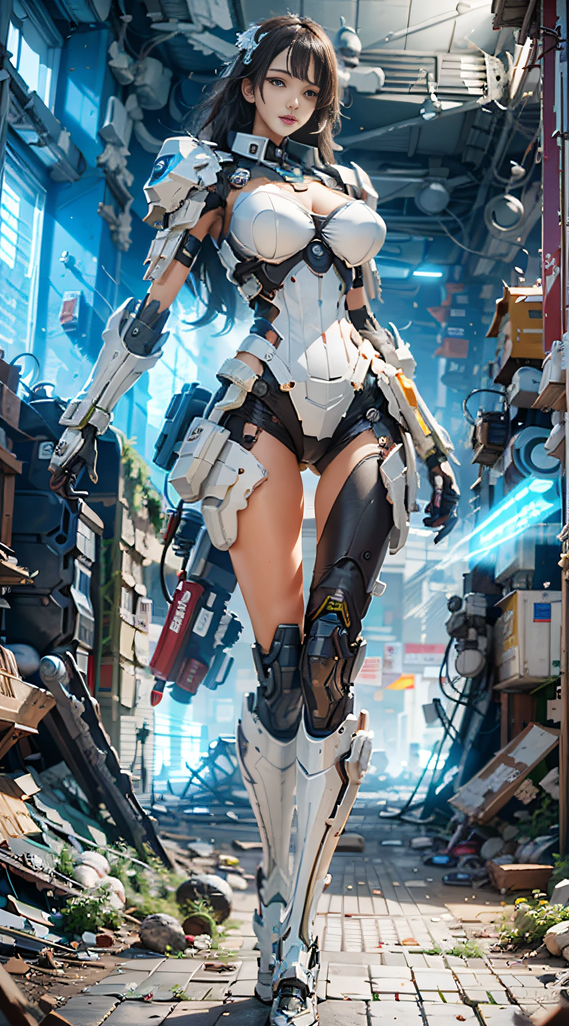 ((Best quality)), ((masterpiece)), (highly detailed:1.3), 3D,Shitu-mecha, beautiful cyberpunk women with her mecha in the ruins of city from a forgoten war, ancient technology,HDR (High Dynamic Range),Ray Tracing,NVIDIA RTX,Super-Resolution,Unreal 5,Subsurface scattering,PBR Texturing,Post-processing,Anisotropic Filtering,Depth-of-field,Maximum clarity and sharpness,Multi-layered textures,Albedo and Specular maps,Surface shading,Accurate simulation of light-material interaction,Perfect proportions,Octane Render,Two-tone lighting,Low ISO,White balance,Rule of thirds,Wide aperature,8K RAW,Efficient Sub-Pixel,sub-pixel convolution,luminescent particles,light scattering,Tyndall effect