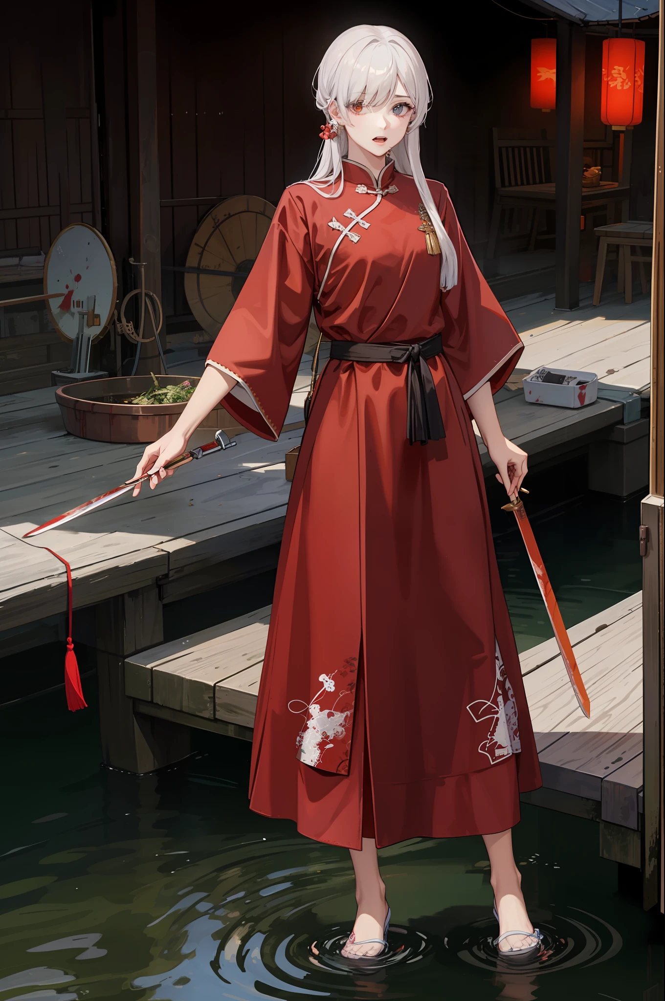 Chinese red robe，Handsome male，Blood on the hands and corners of the mouth，One eye is bloodshot，There is a copper money sword in his hand，The background is dim，In the distance is a water village on fire