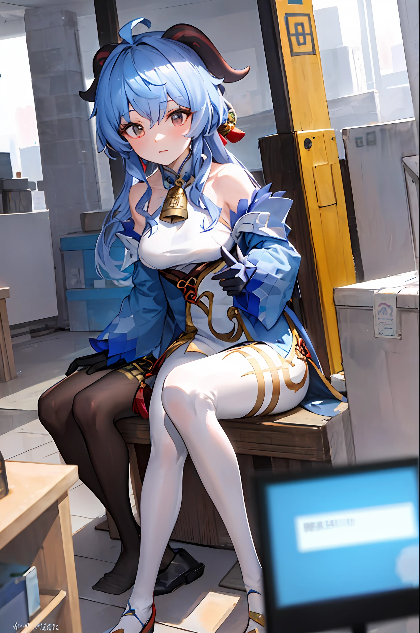 (Photorealsitic:1.4),(tmasterpiece,Sideslit,Fine beautiful eyes:1.2),tmasterpiece*sportrait,realisticlying,3D face,
ganyu\(genshin impact\), 1girll, ahoge, buliding, By bangs, exposed bare shoulders, Bell, black glove, black pantyhoses, (blue hairs), Blushlush, nedium breasts, Chinese knot, Separate the sleeves, flower knot, mitts, banya, long whitr hair, looking at viewert, Large breasts, Neckbells, thermography,