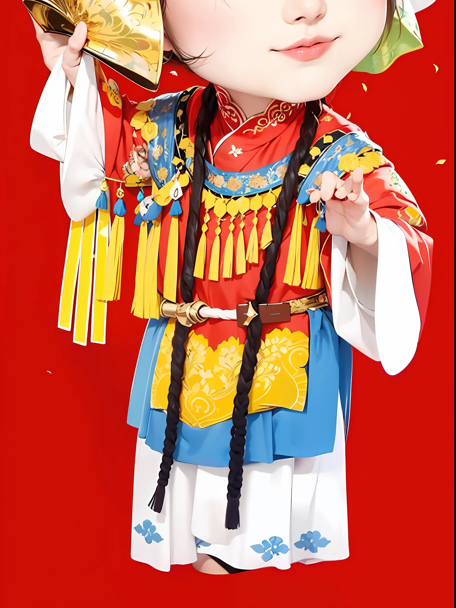 best quality, masterpiece, highres, (exquisite body:1.5),gorgeous face,(milky skin:1.3),intricate details,high resolution,wallpaper,
1girl, solo, dress, hair ornament, (((gold and red dress))), flowers, long hair, brown hair, closed mouth, jewelry, long sleeves, hand up, wide sleeves, big eyes,floating hair, chinese clothes, hanfu, embroidery, long skirt, natural pose, falling petals, indoor,fanning, lantern,
16K,HDR,highres,depth field,(film grain:1.1),boken,golden hour,(lens flare),vignette,rainbowing,(color grading:1.5)