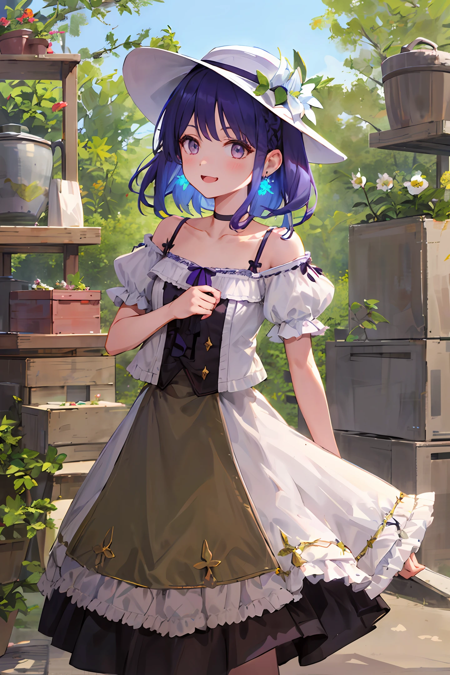 Purple-haired girl, double ponytail, white dress, head up, white lace umbrella in hand, golden eyes, delicate