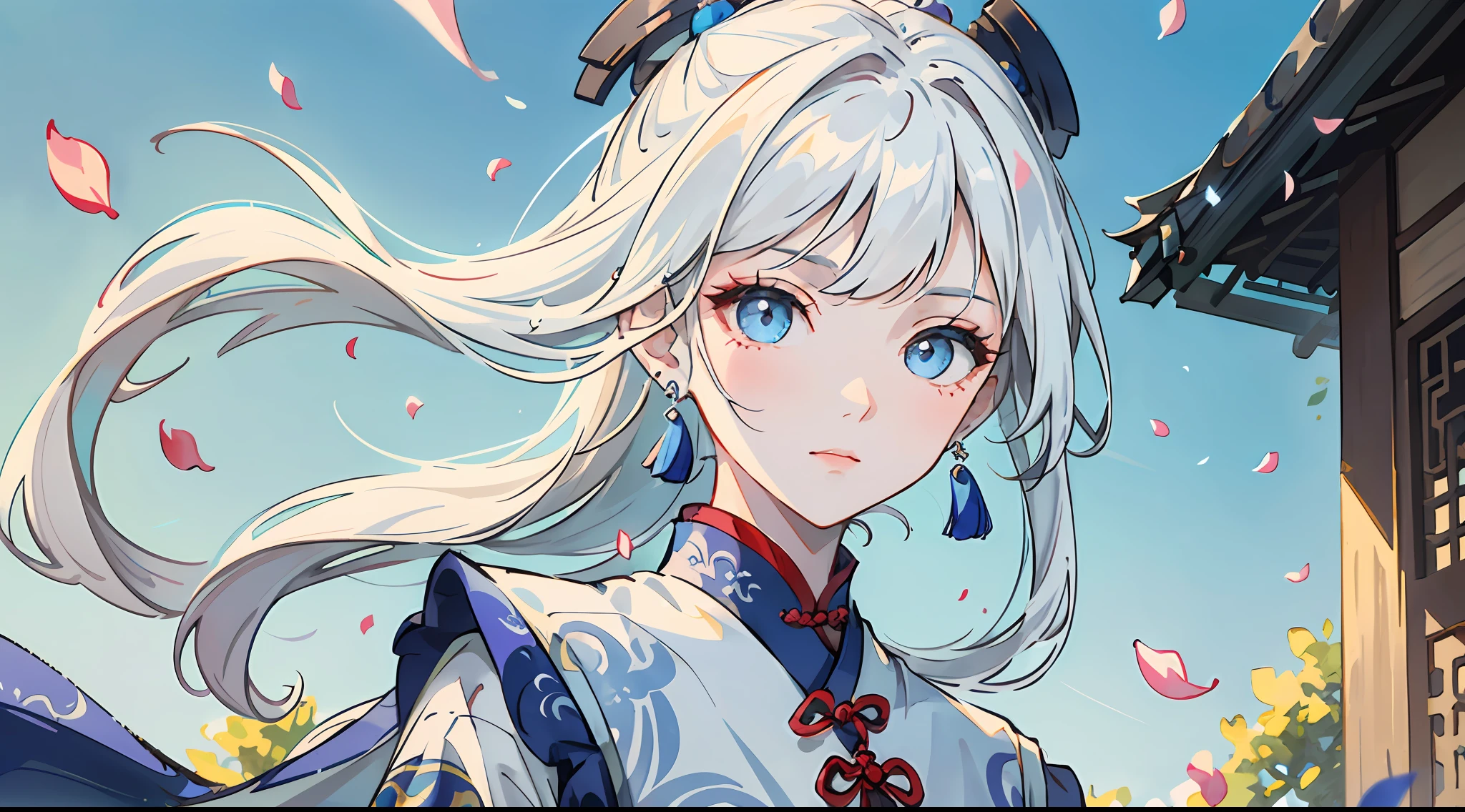 Mature girl, blue eyes, blue-white hair color, floating hair, delicate and flexible eyes, intricate damask Hanfu, gorgeous accessories, wearing pearl earrings, FOV, f/1.8, masterpiece, ancient Chinese architecture, blue sky, flower petals flying, front portrait shot, Chang'e, side lighting, sunlight on people, 8K
