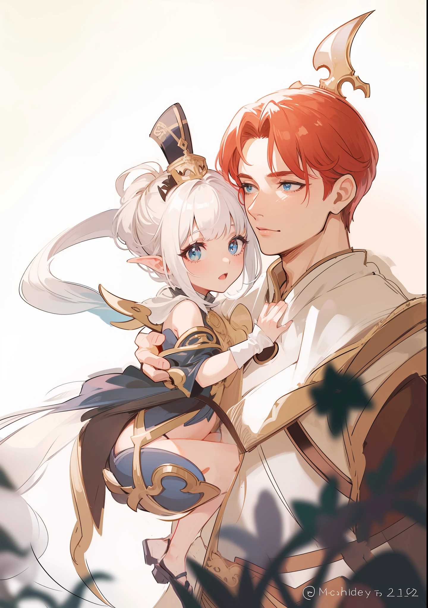 1man, sharp blue eyes with sharp pupils, white sharp hair and he was wearing black noble robes and, intimate hug and going to kiss with his lovely wife ((41 year old face))