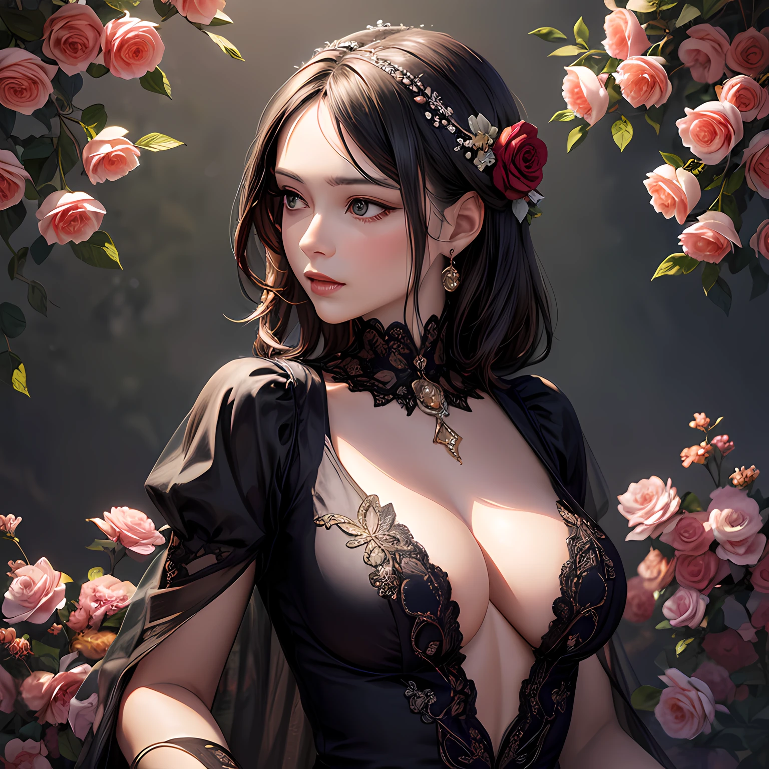 (masterpiece, best quality), photorealistic illustration, mature woman, flower dress, colorful, darl background,flower armor, complementary colors theme,